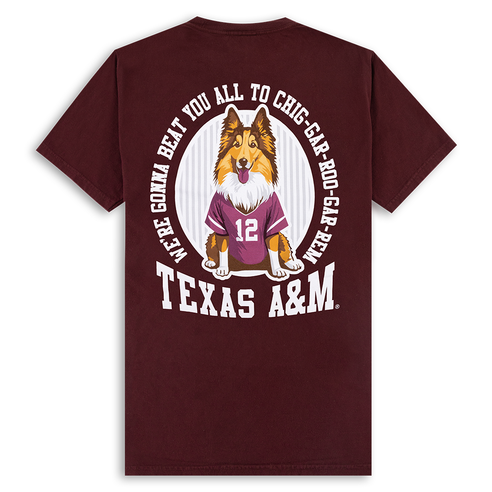 Back of maroon t-shirt with graphic of Reveille, wearing a Texas A&M jersey