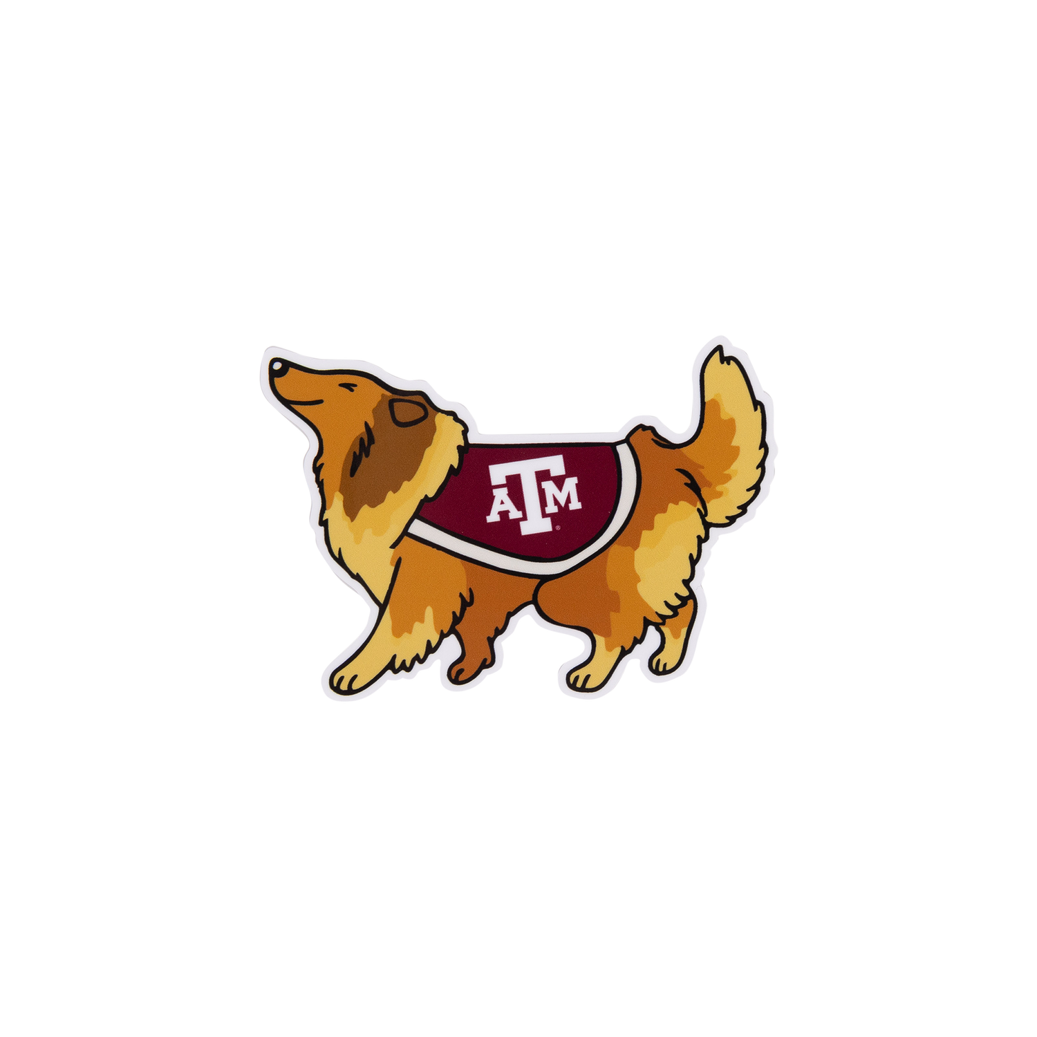 A die-cut sticker featuring a cartoon dog wearing a maroon and white Texas A&M shirt, shown on a plain white background.