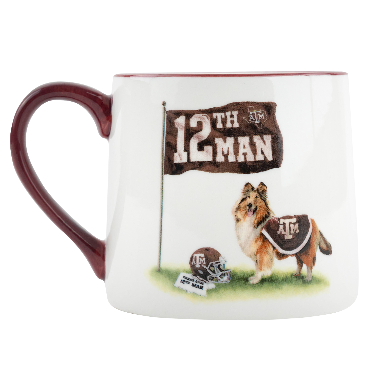 White Texas A&M ceramic mug featuring a maroon handle and an illustration of Reveille wearing an A&M jersey beside a “12th Man” flag.