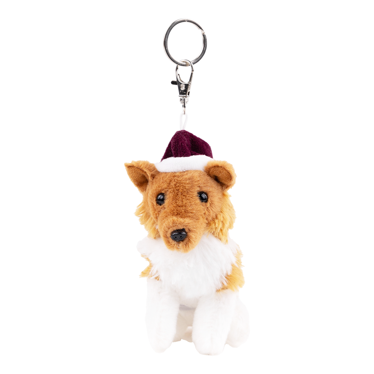 Plush dog keychain with a Santa hat.