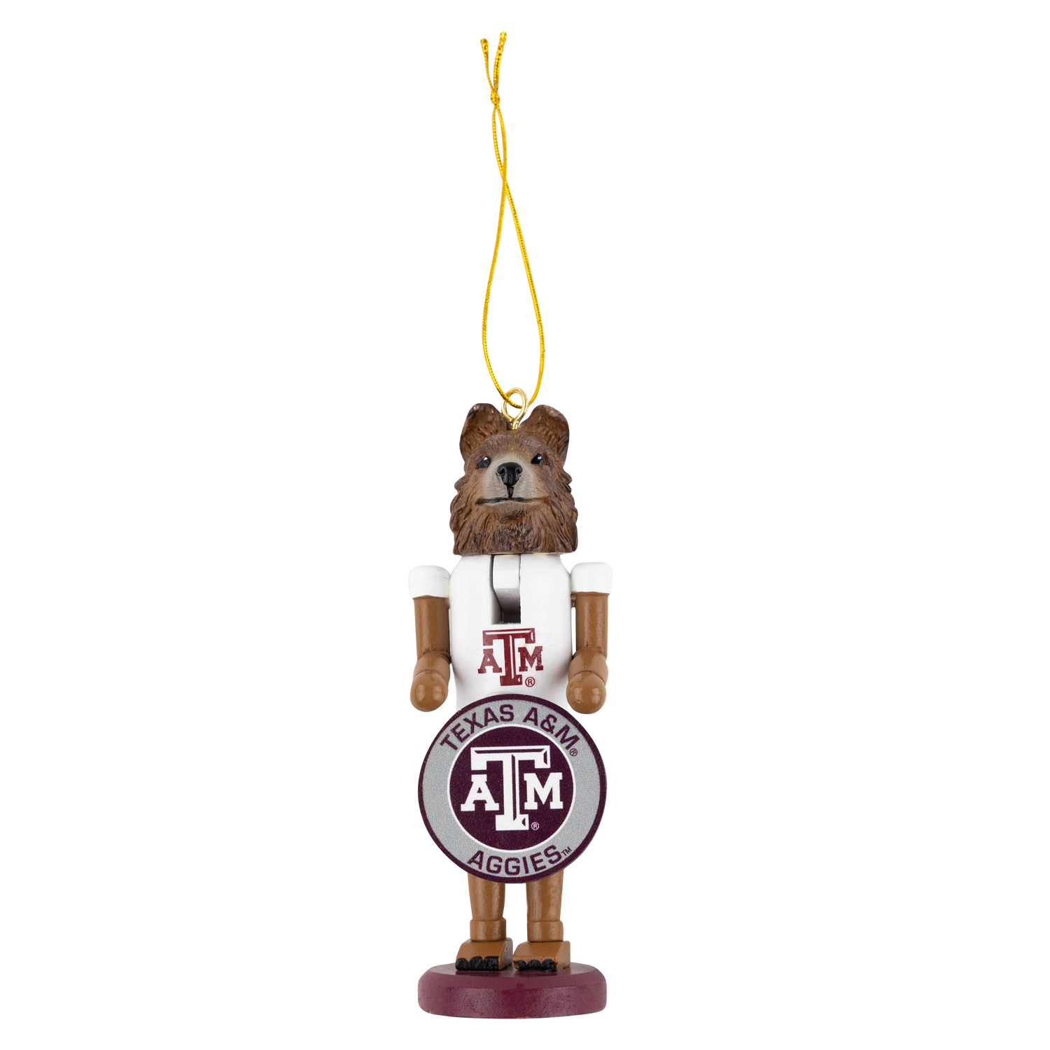Texas A&M Reveille Christmas ornament featuring the university’s mascot in a white shirt with a maroon Texas A&M logo, holding a circular Texas A&M Aggies emblem, with a gold hanging cord and maroon base.