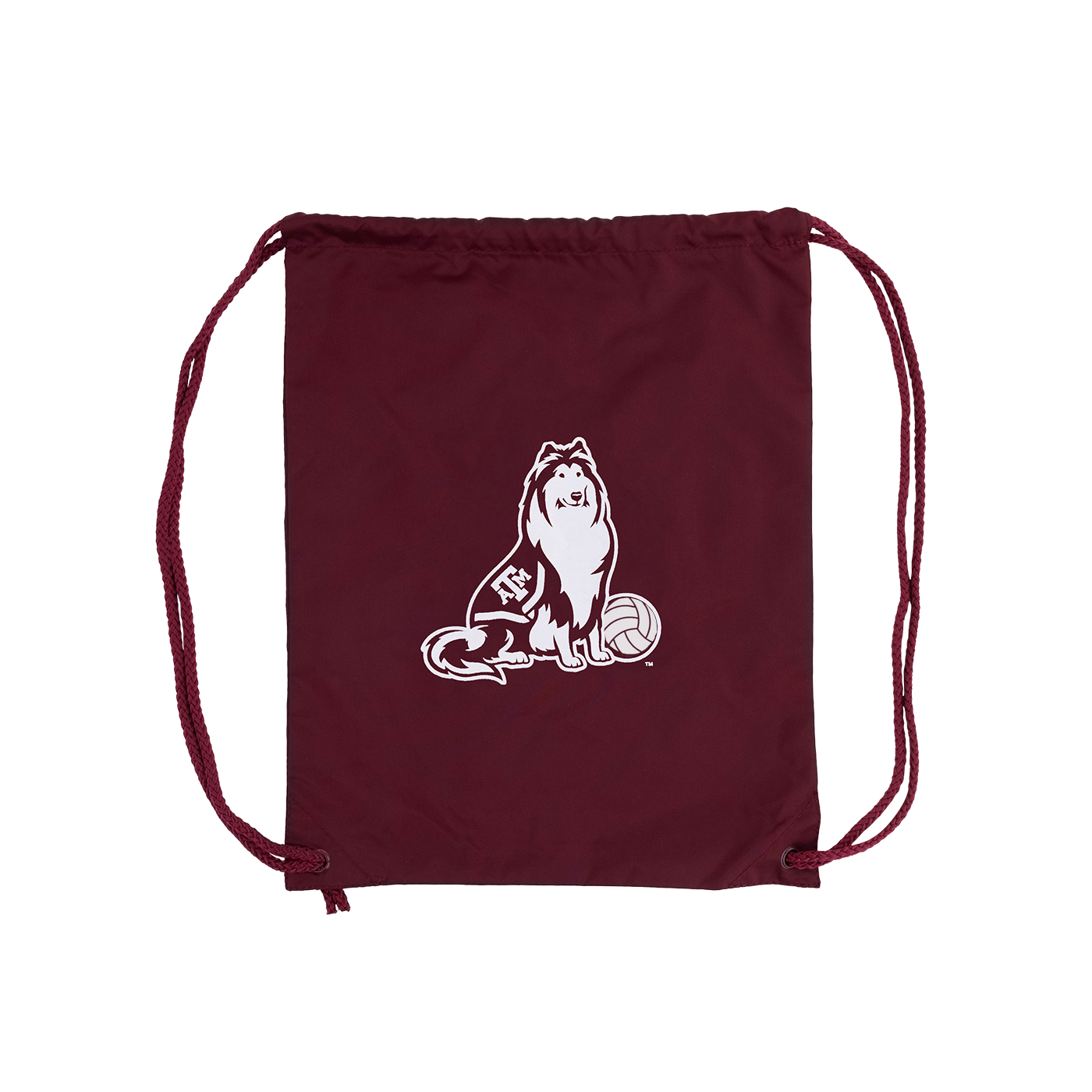 Maroon drawstring bag with white graphic of a dog and ball 
