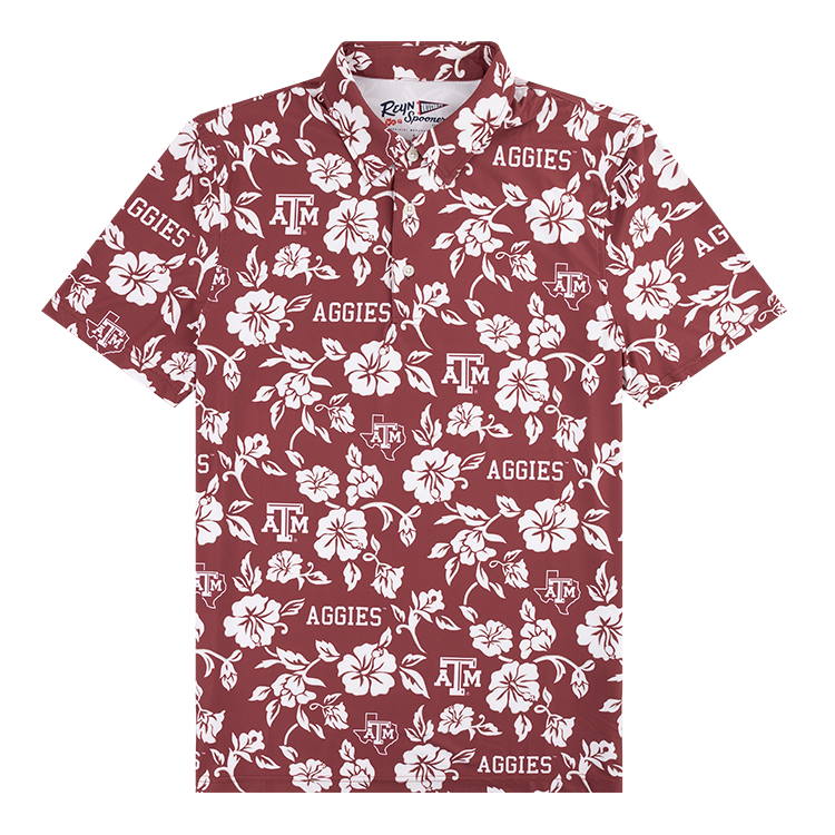 Maroon performance polo with white Hawaiian design and white ATM logos
