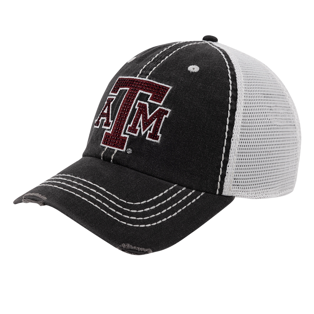 Black and white cap with the Texas A&M logo on the front in maroon rhinestones. 