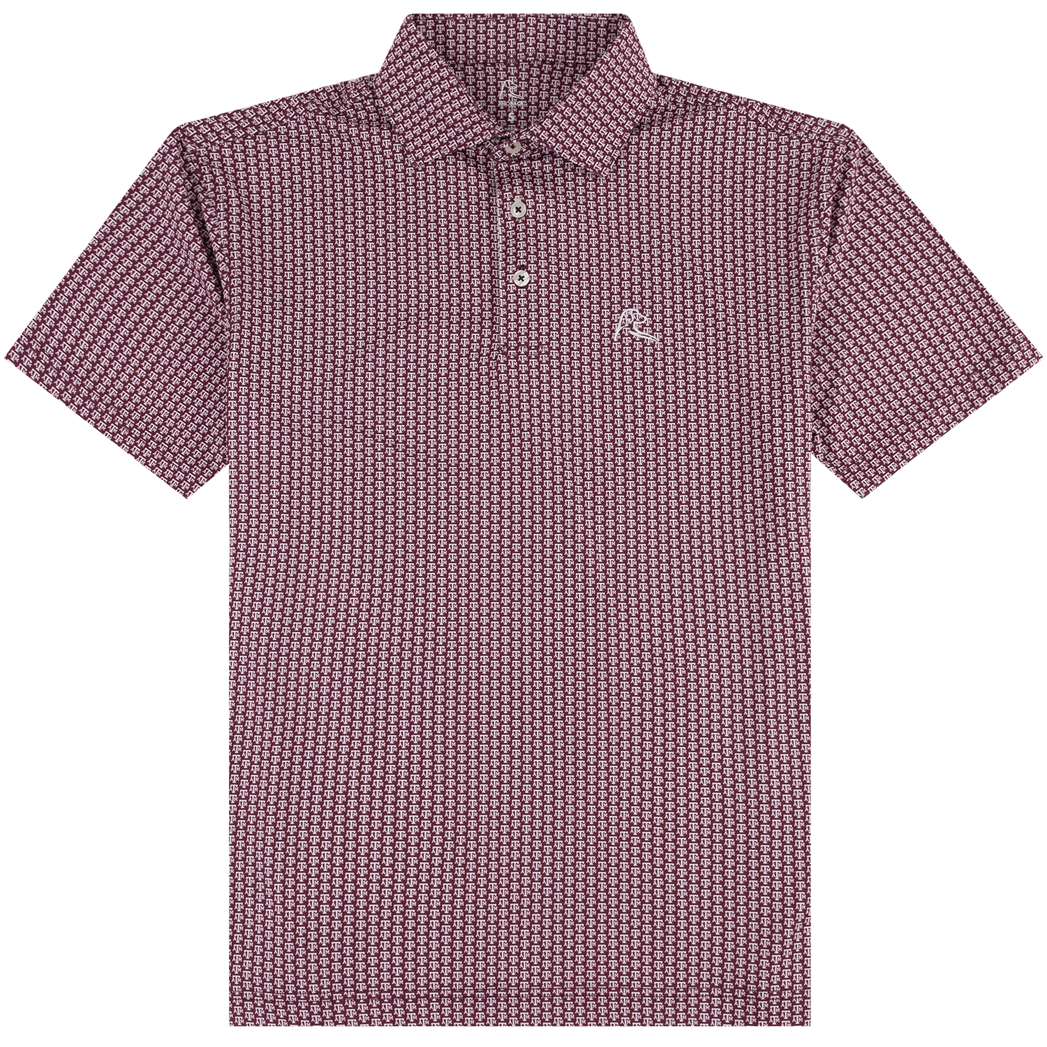 A short-sleeve polo shirt with a repeating Texas A&M logo pattern in maroon, featuring a three-button placket and a small white embroidered logo on the left chest.