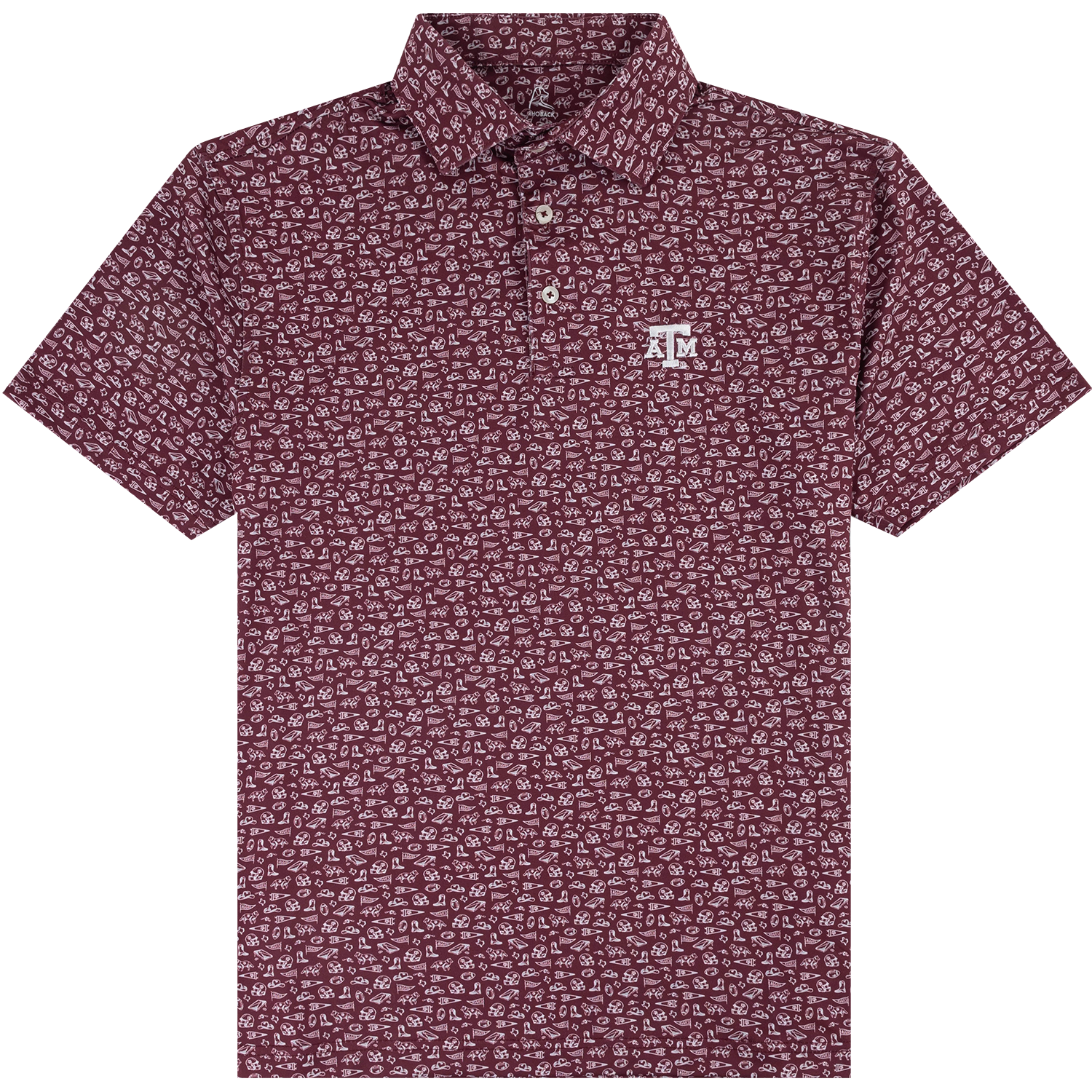 Maroon polo with white pattern on Texas A&M football helmets, flags, cowboy hats, boots, Texas, Reveille. Featuring a white embroidered ATM logo on the chest. 