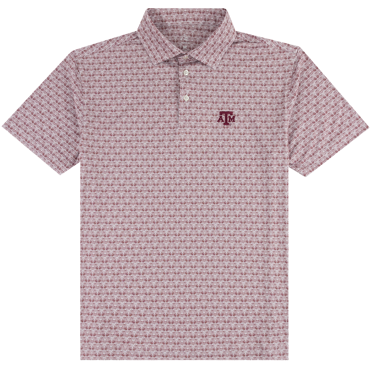A short-sleeve polo shirt with a dense, small-scale repeating pattern of a maroon Kylie Field graphic. It features a classic collar, a three-button placket, and a maroon 'A&M' logo embroidered on the left chest, representing the Texas A&M Aggies.