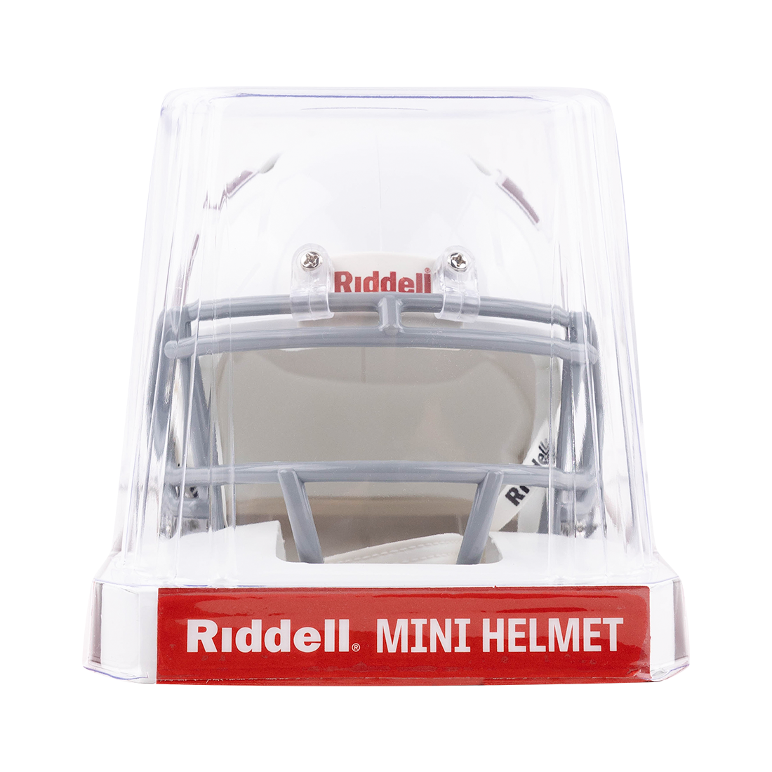 Riddell mini helmet with a grey face mask and the Texas A&M logo on the side in maroon.