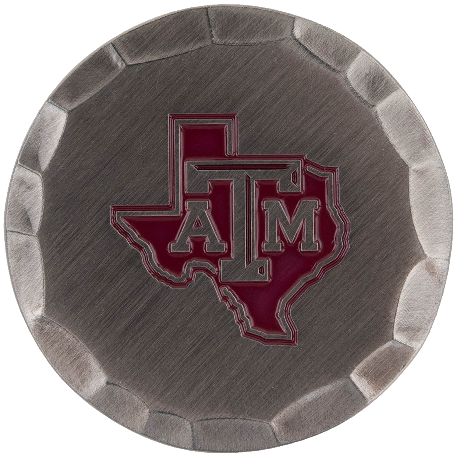 Texas A&M golf ball marker featuring a maroon Texas A&M logo with silver outlining and a textured metallic finish.