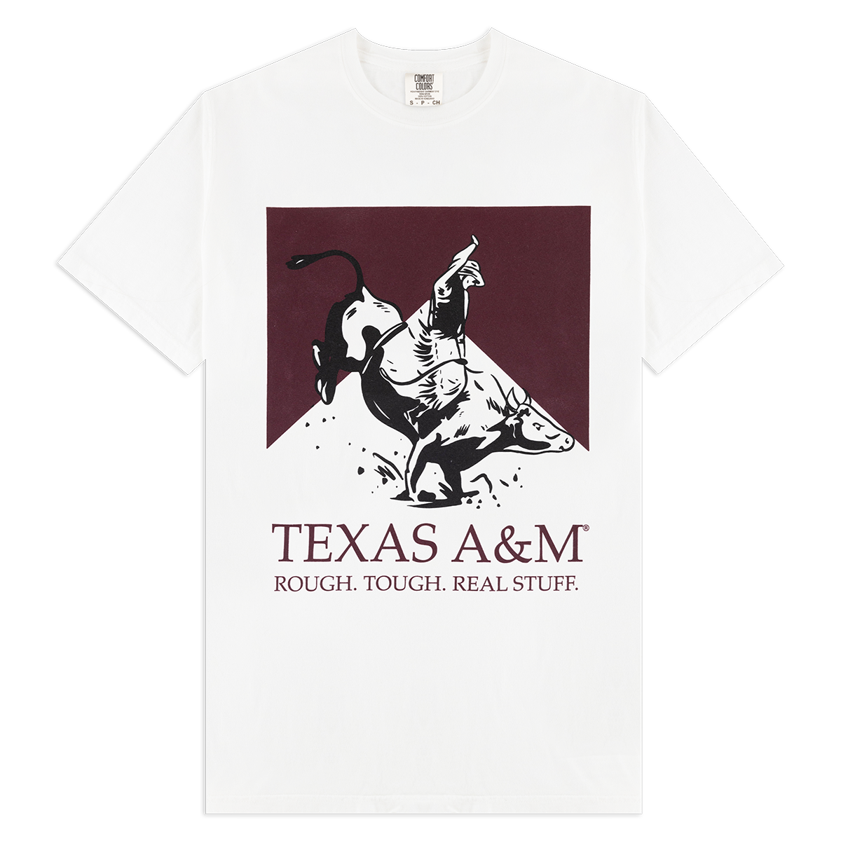 White t-shirt with "Texas A&M rough tough real stuff" in maroon lettering, and a man riding a bull.