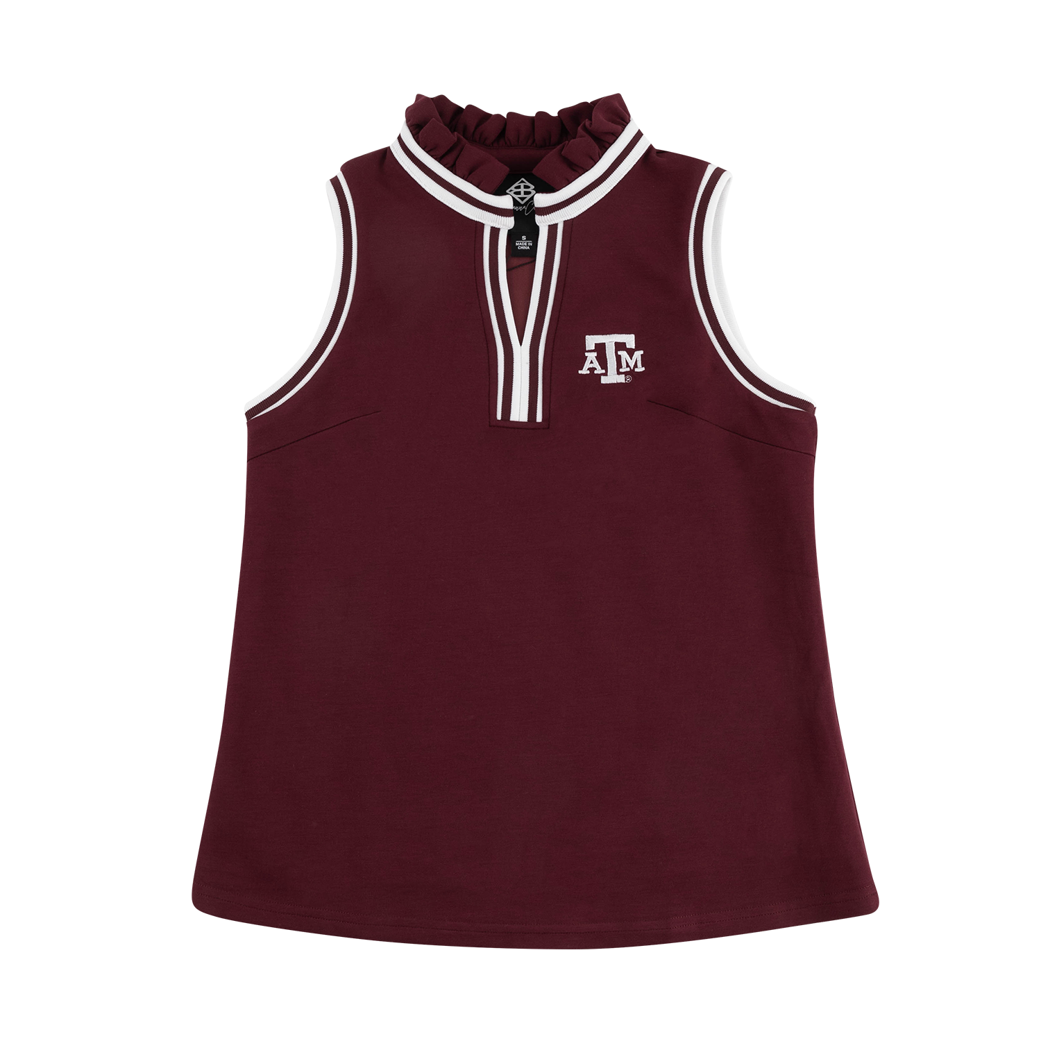 Maroon Texas A&M sleeveless top featuring a ruffled mock neckline, white striped trim, vee neckline, and embroidered ATM logo.