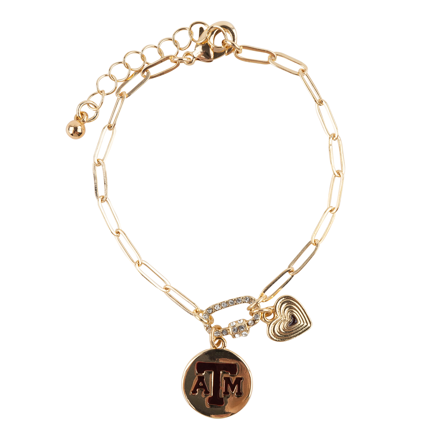 A gold paperclip chain necklace featuring a round disc charm with the Texas A&M logo, a small heart charm, and a rhinestone-accented chain link charm, shown on a plain white background.