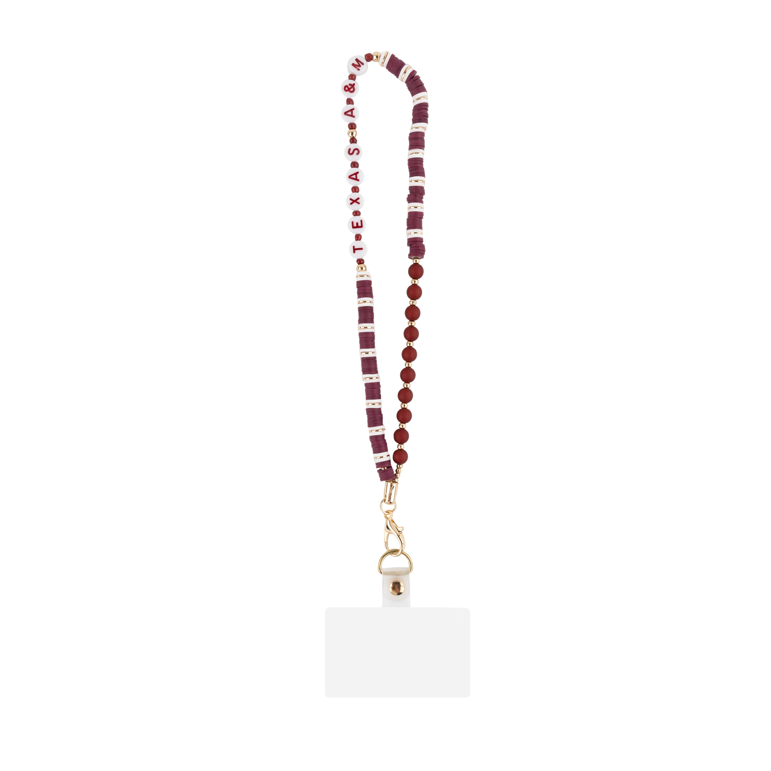 A beaded wristlet strap with alternating vertical beads of burgundy and white, featuring a gold-tone lobster clasp and a blank card insert, shown on a solid white background.