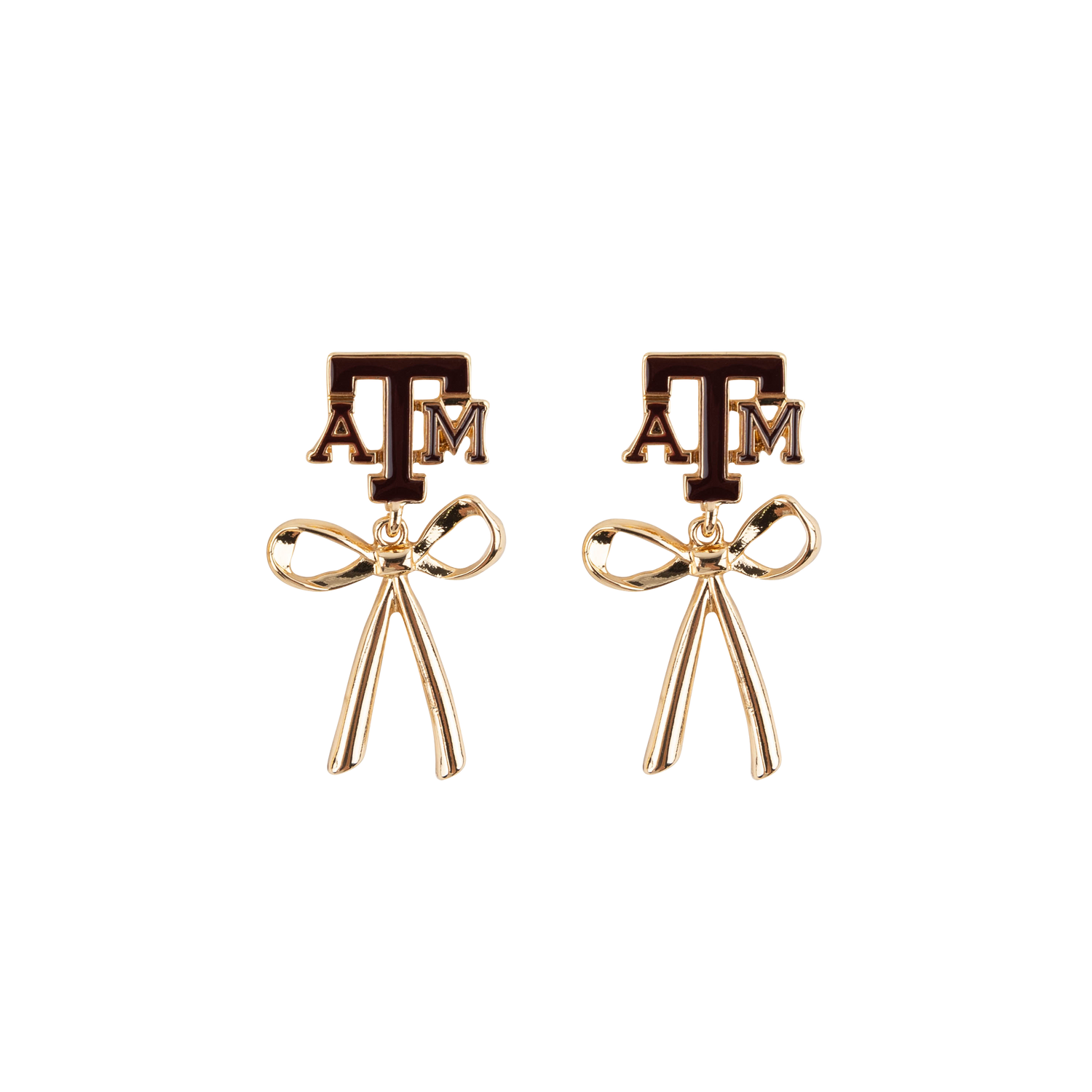 A pair of gold-tone earrings featuring the Texas A&M 'A&M' logo in dark maroon above a dangling bow charm, shown on a plain white background.