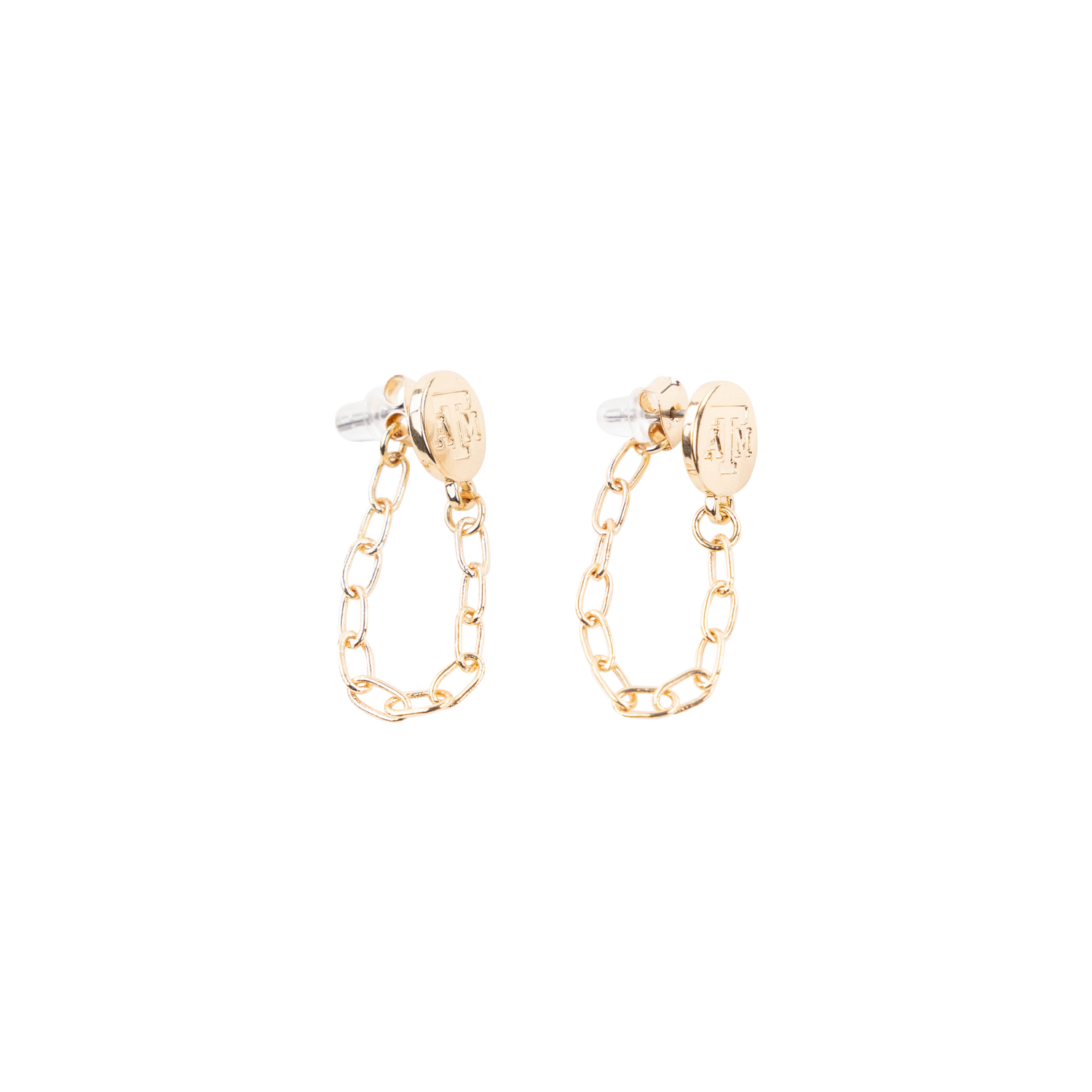 Gold chain hoop earrings with Texas A&M logo,
