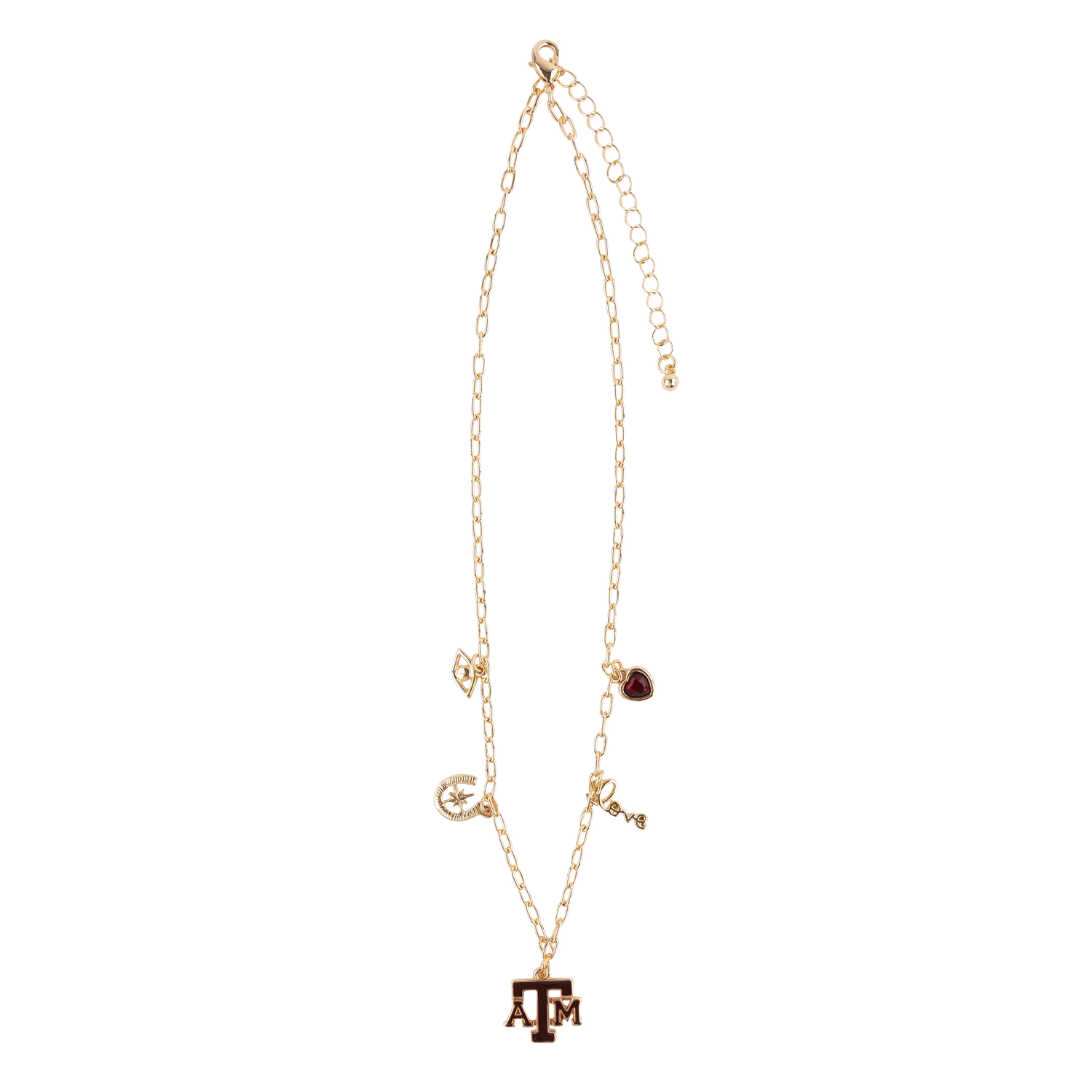 A gold charm necklace featuring a Texas A&M Aggies 'A&M' logo pendant at the bottom, with smaller charms including a crescent moon, key, and heart on a clean white background.