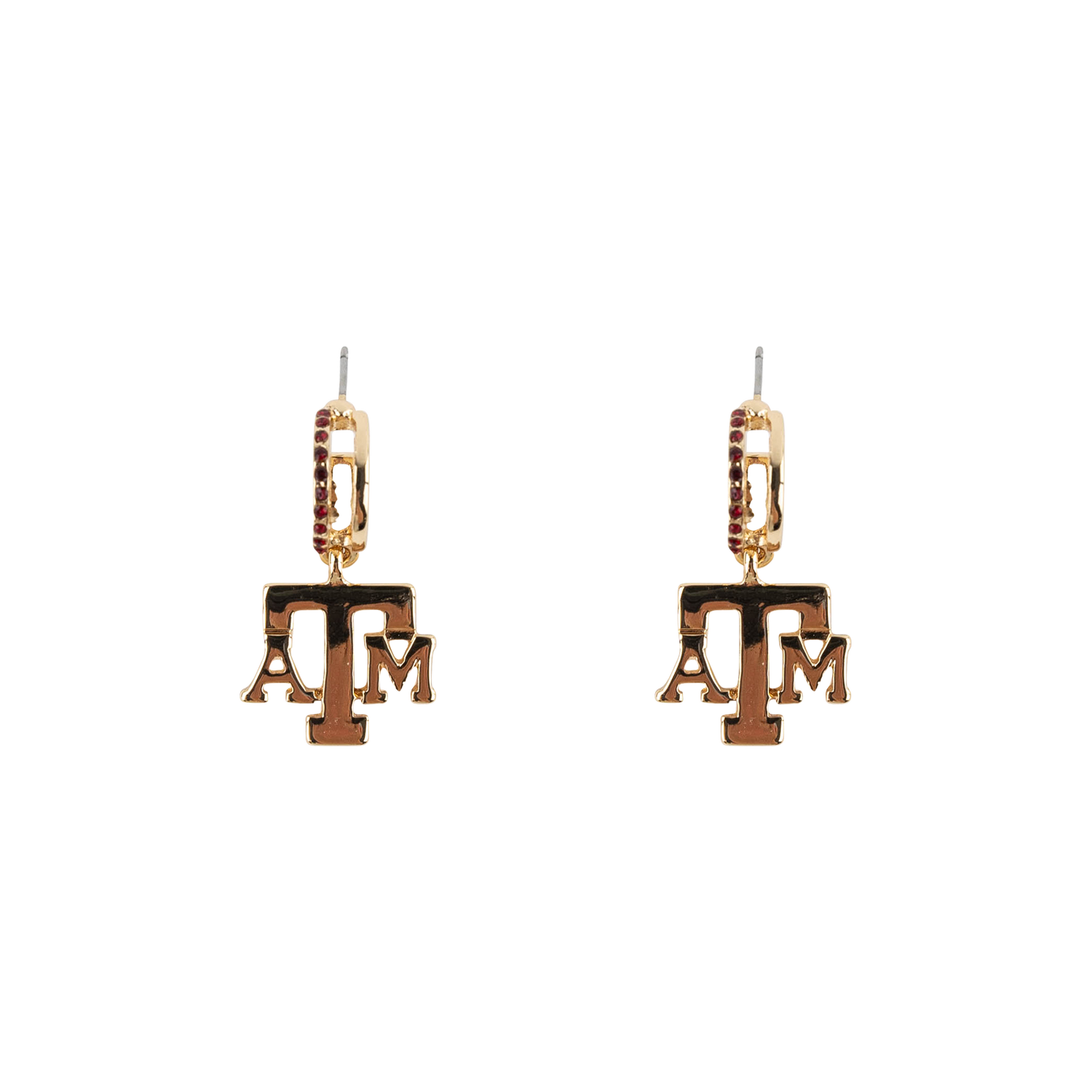 Gold earrings with a Texas A&M charm featuring a maroon diamond detail. 