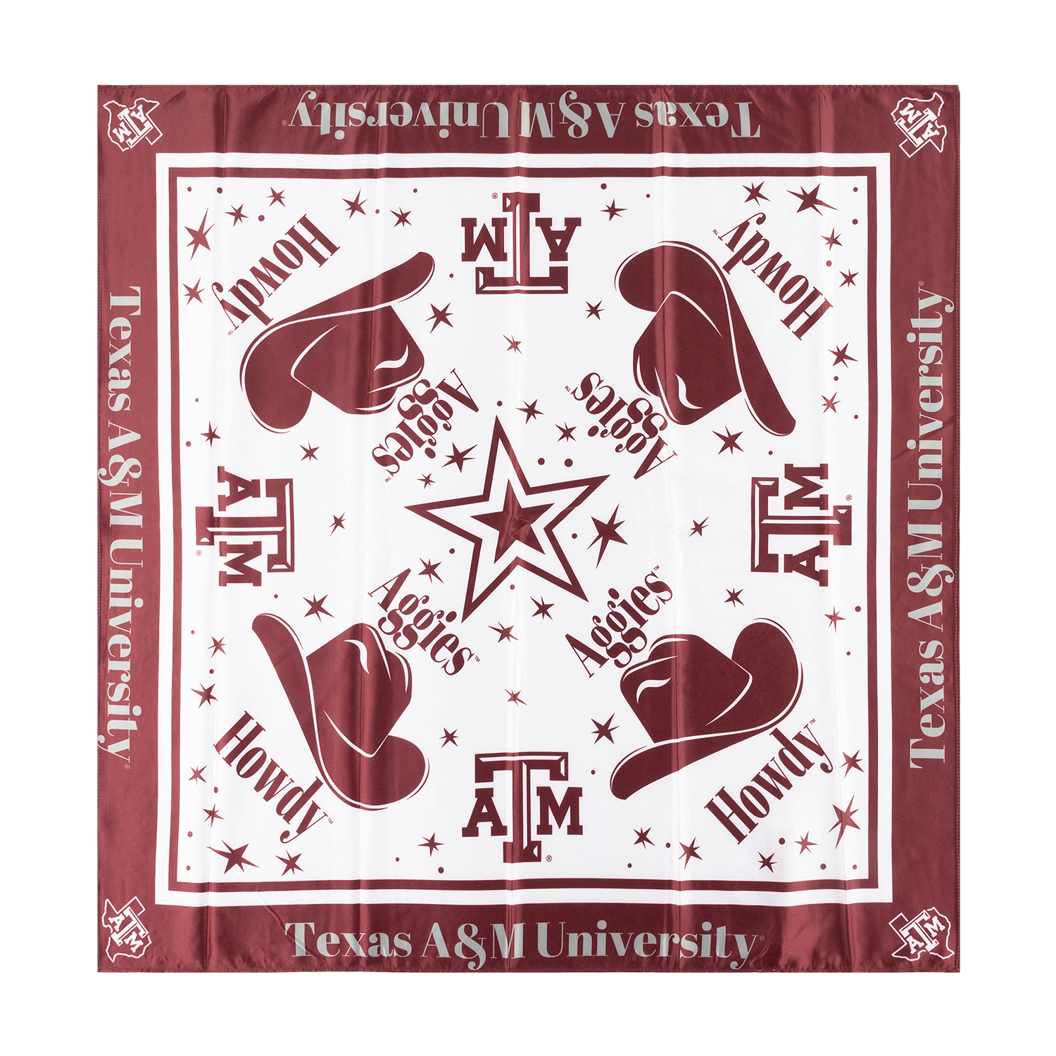 A square bandana featuring Texas A&M University branding, with a white center, maroon border, cowboy hats, stars, and the words 'Howdy' and 'Aggies' printed around a central star.