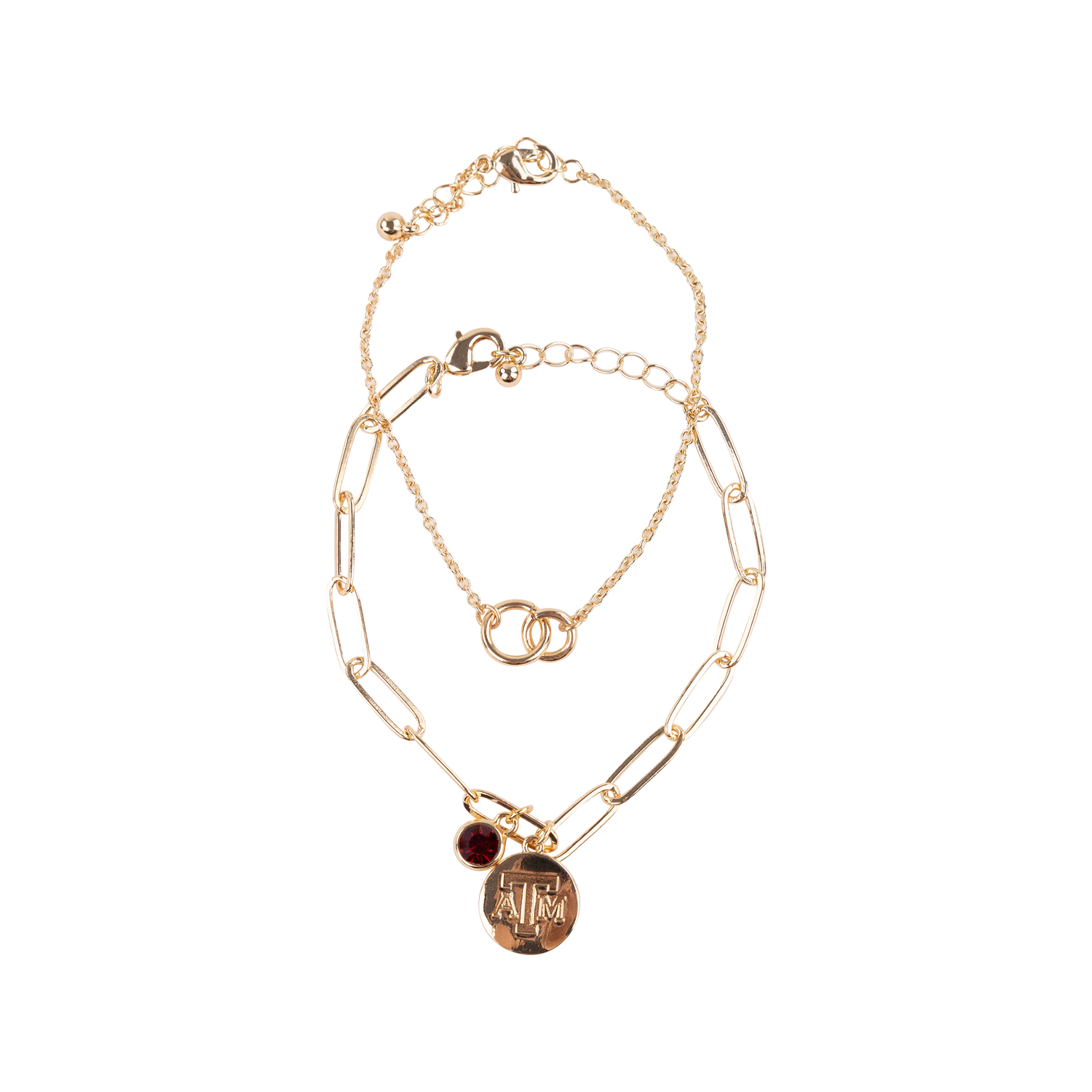 Gold chain bracelet with a pendant that has the Texas A&M logo