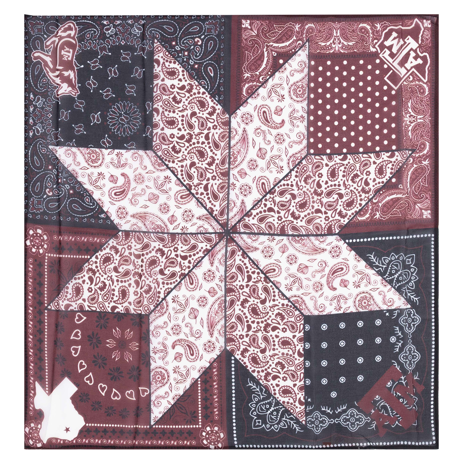 A square bandana featuring a geometric star patchwork design with various paisley and floral prints in dusty red, burgundy, navy, and white.