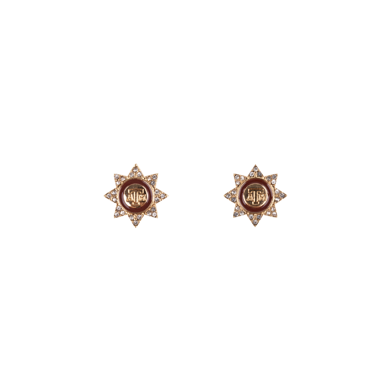 Gold stud earrings in the shape of a star with the Texas A&M logo in the middle