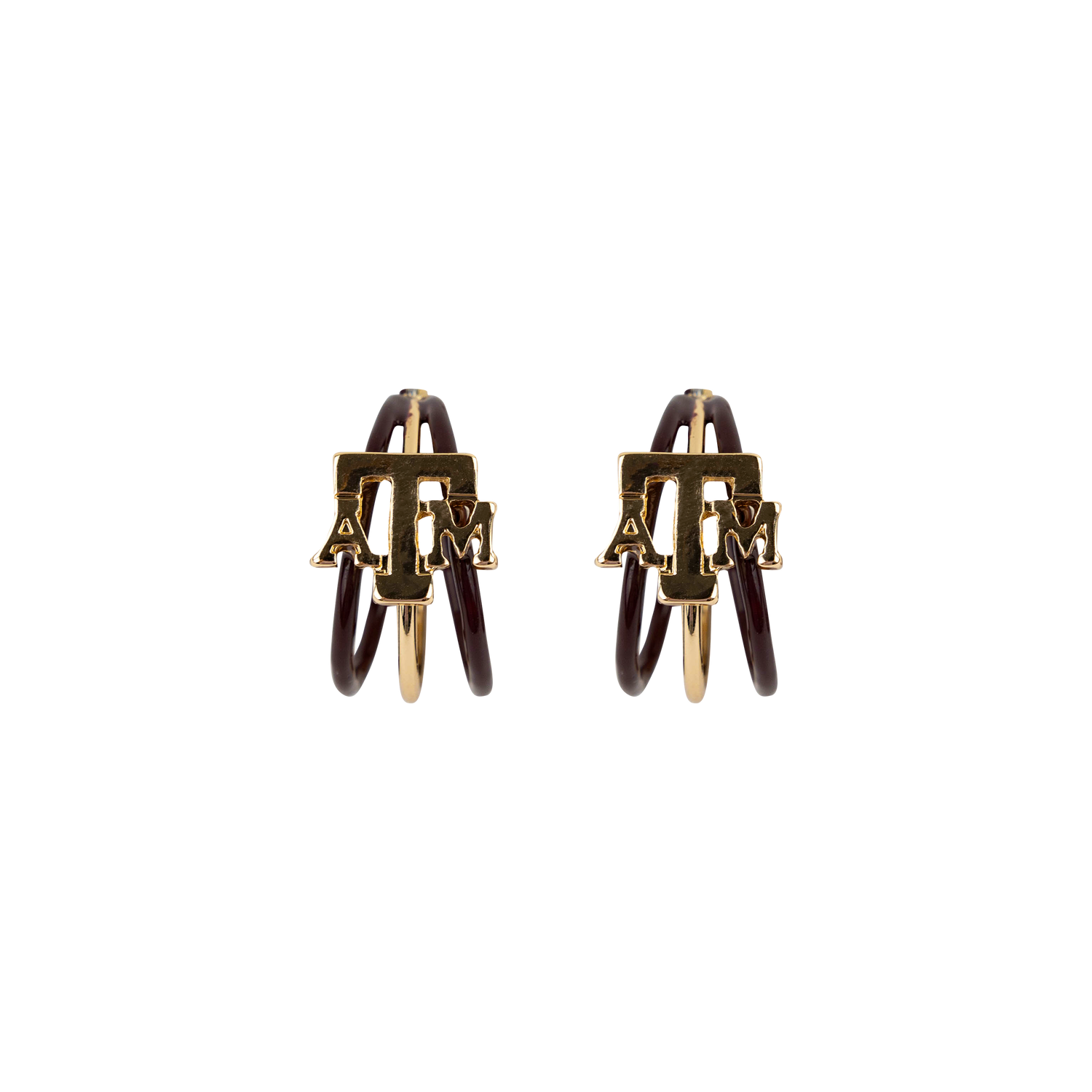 A pair of gold hoop earrings featuring the Texas A&M 'A&M' logo in gold-tone metal with maroon accent hoops, set against a plain white background.