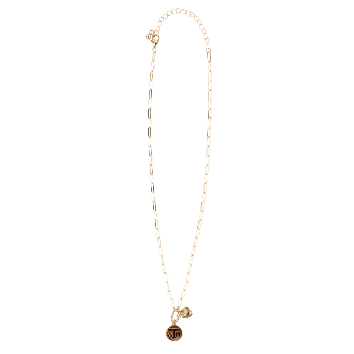 Gold paperclip chain necklace with a round Texas A&M logo charm, heart charm, and bedazzled clasp. 