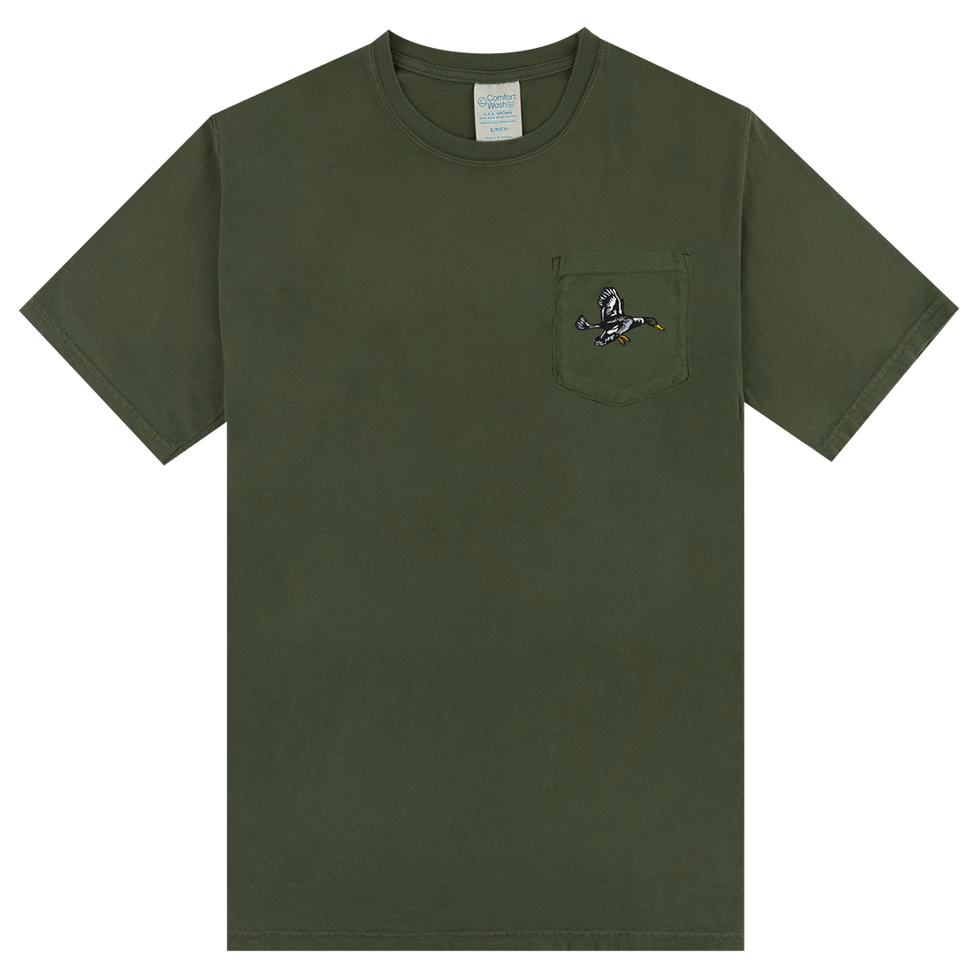 Green t-shirt with a small pocket and a duck design on the pocket.