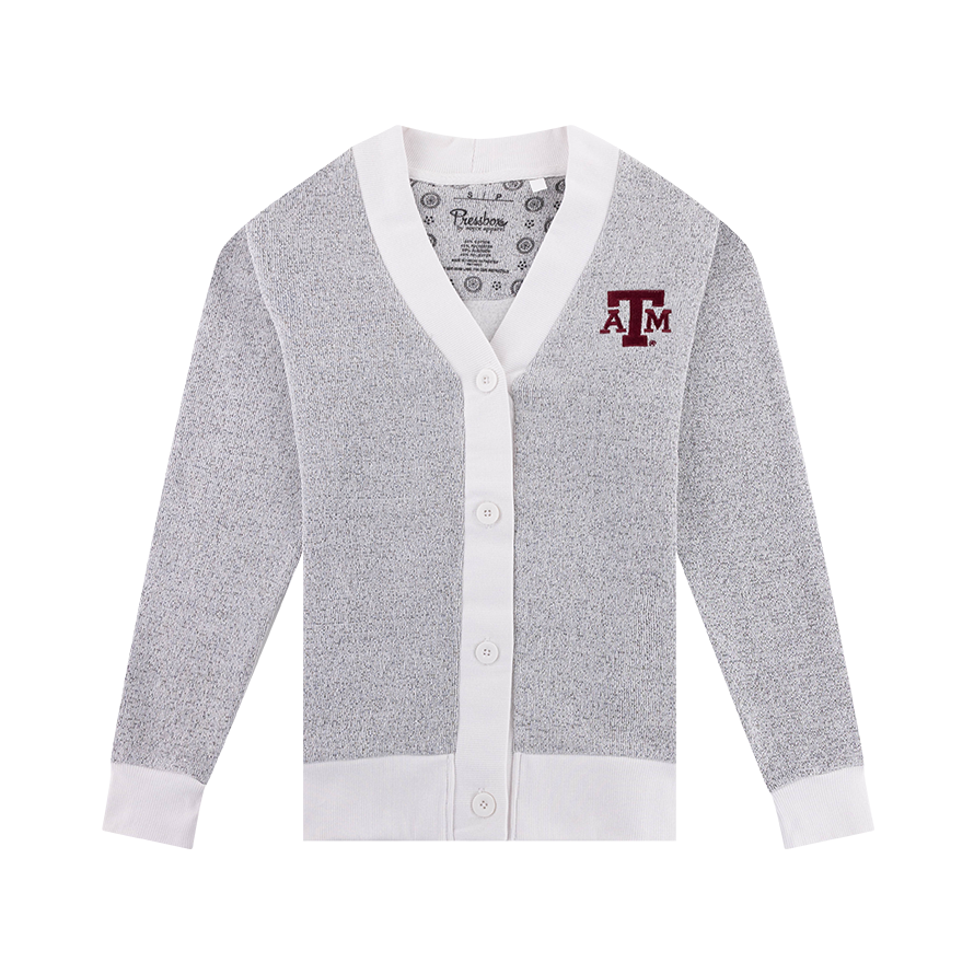 Gray and white cardigan with maroon ATM logo on the left side of the chest.