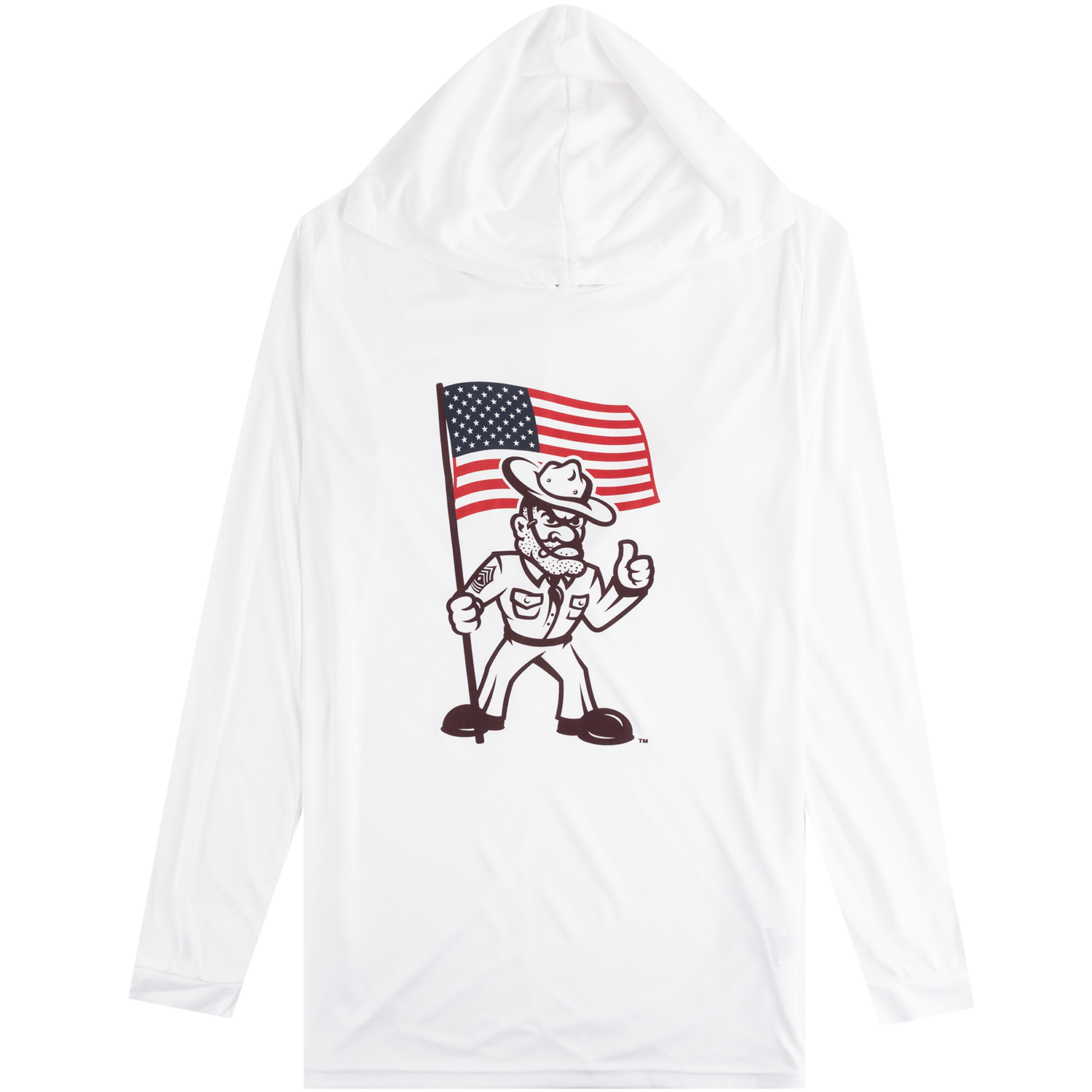 White long-sleeve Texas A&M hooded shirt featuring a maroon and white graphic of the Sarge mascot holding an American flag.