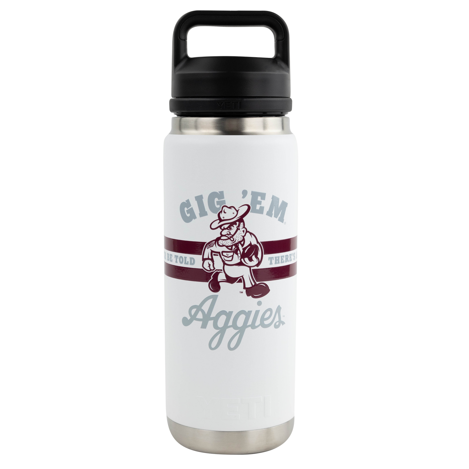 A white insulated water bottle with a black handle lid, featuring the maroon and gray 'GIG 'EM Aggies' Texas A&M logo on the front.