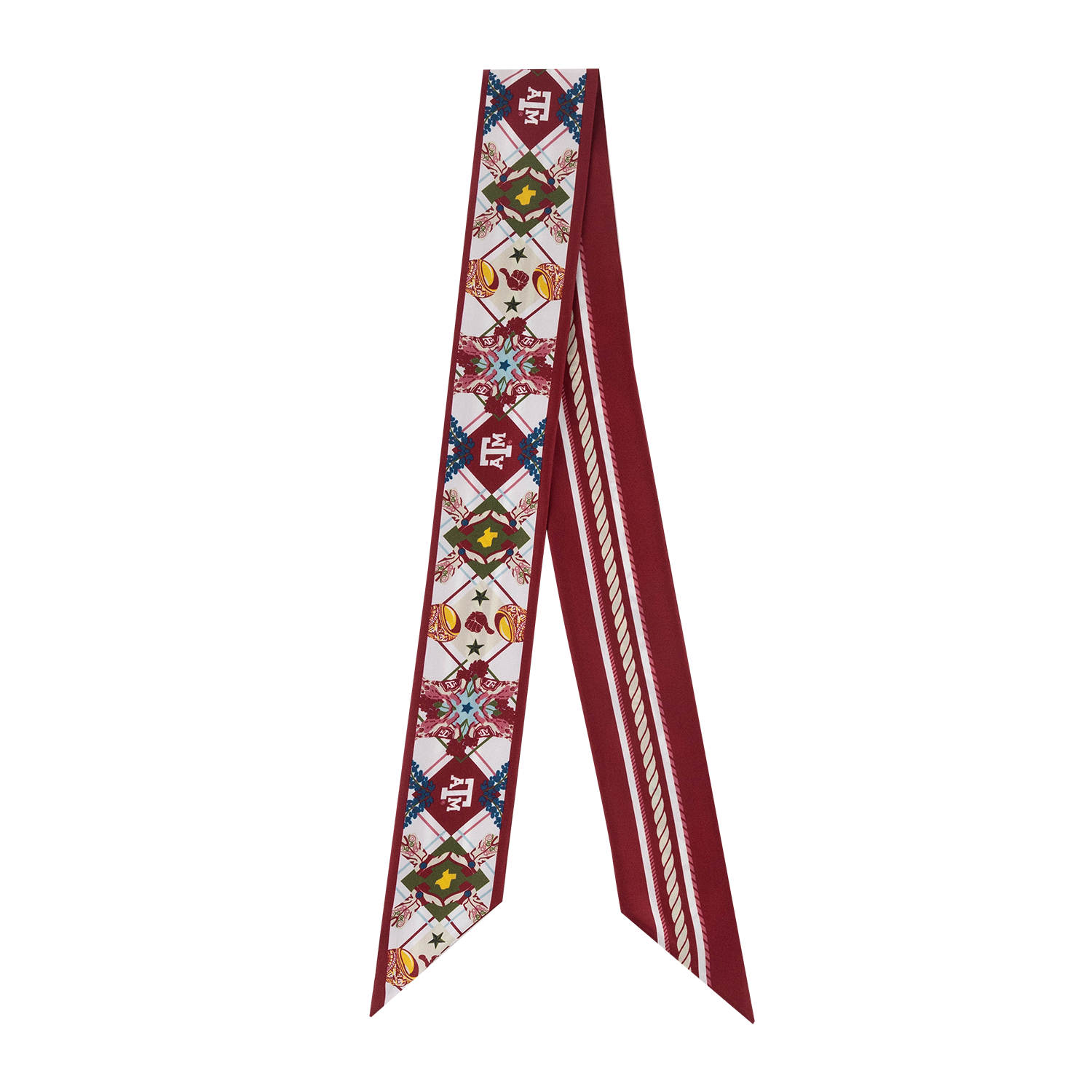A long decorative scarf or sash with a deep red base, featuring a detailed multicolor geometric and floral pattern on one side and a matching striped pattern on the other, displayed against a solid white background.