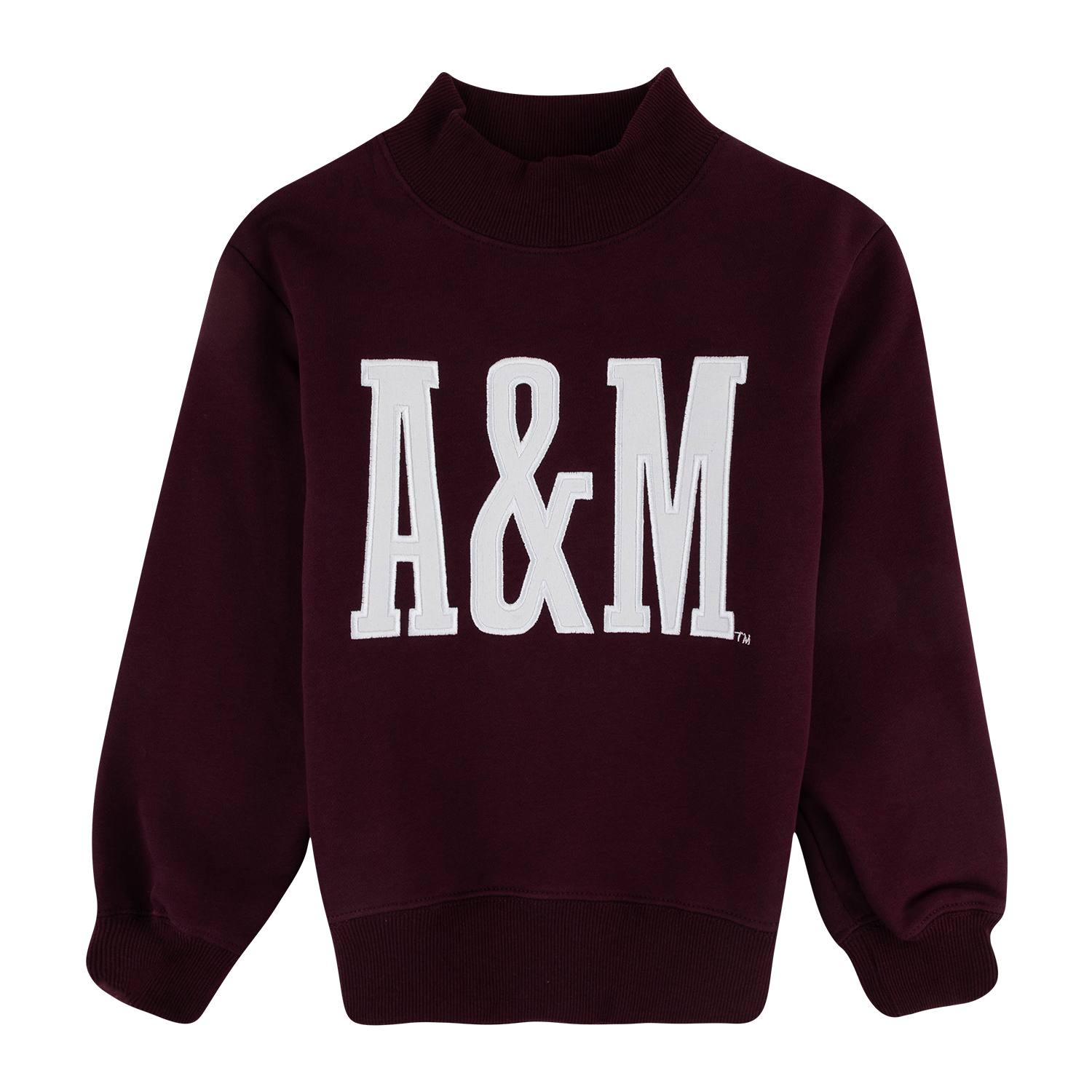 A maroon sweatshirt with a mock neck, featuring the letters 'A&M' printed in white across the chest, shown on a plain white background.