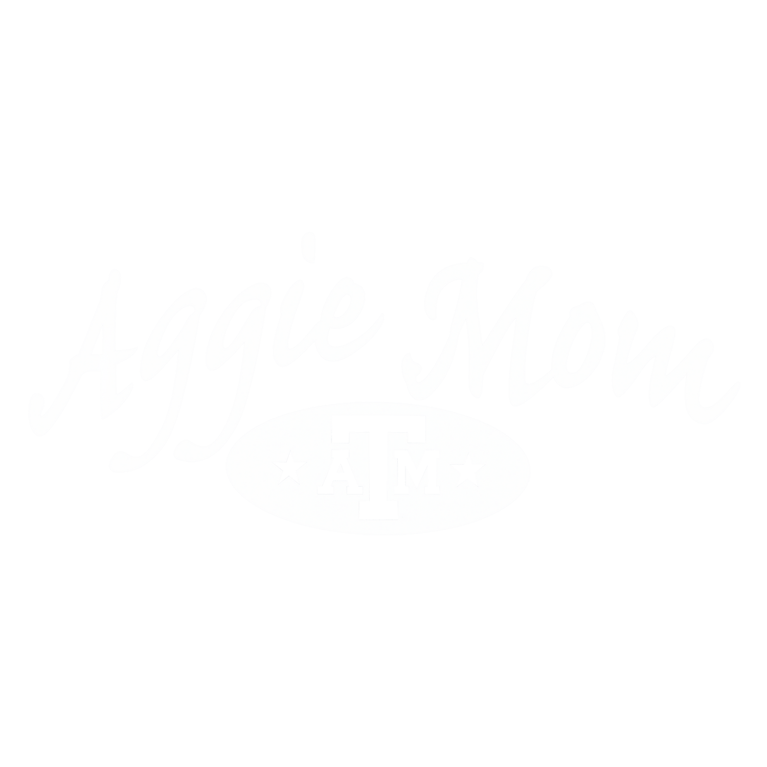 White decal featuring cursive text that reads "Aggie Mom" above a white oval containing the Texas A&M logo flanked by two stars, set on a plain background.   