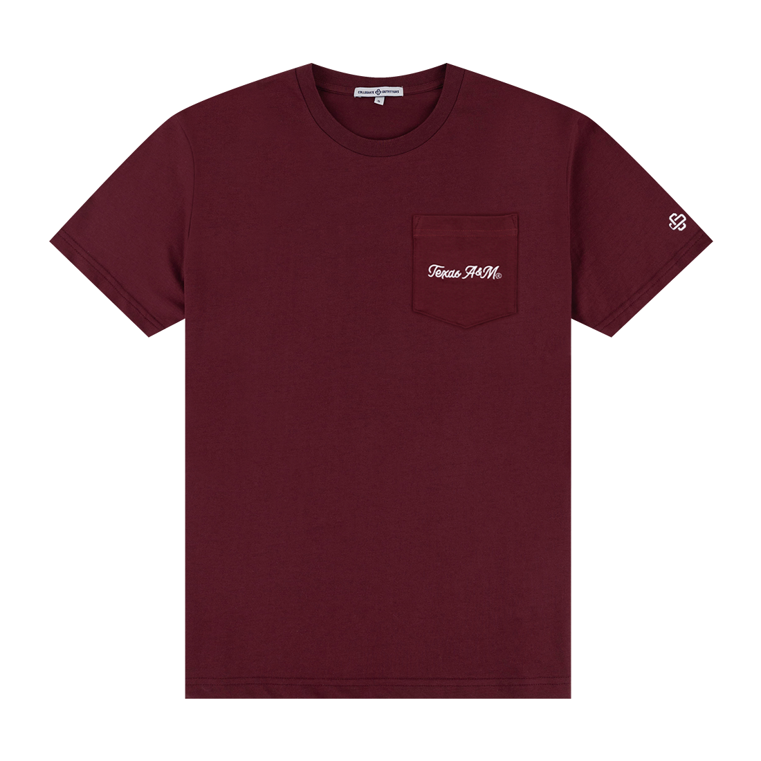 Maroon t-shirt with a pocket that has "Texas A&M" in script.