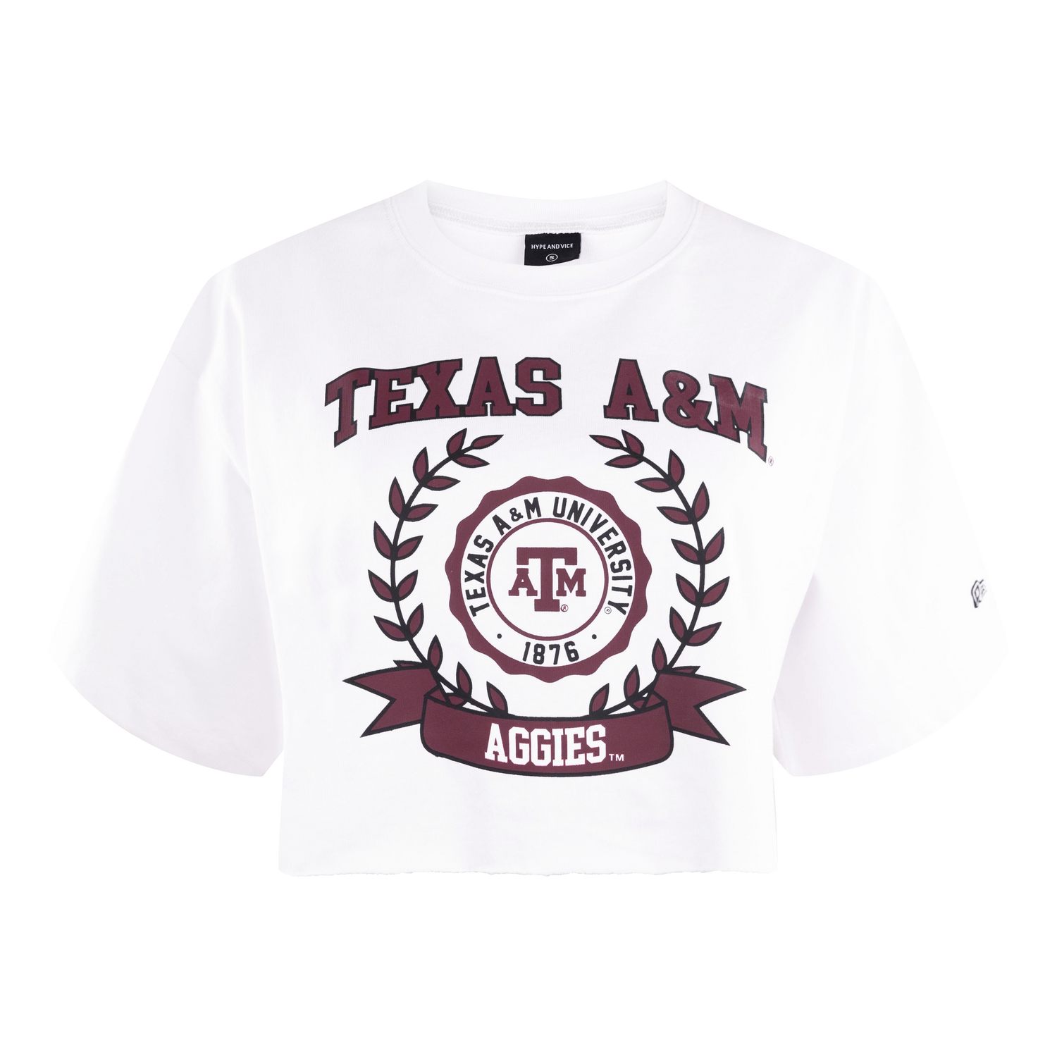 White crop top with "TEXAS A&M AGGIES" in maroon with the university seal