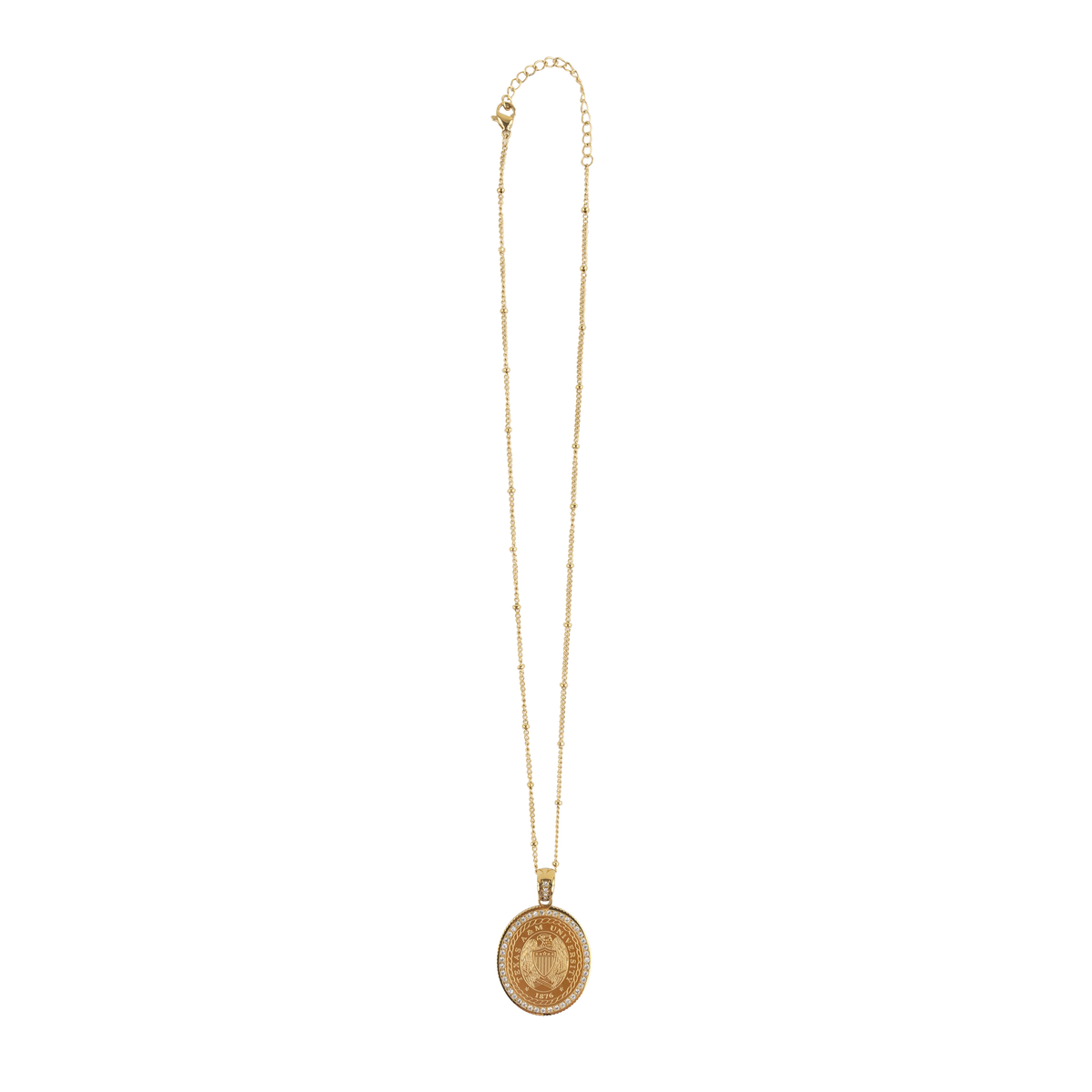 Long gold-tone necklace with a fine chain and an oval medallion pendant featuring an ornate crest design and a border of small clear stones, shown against a white background.