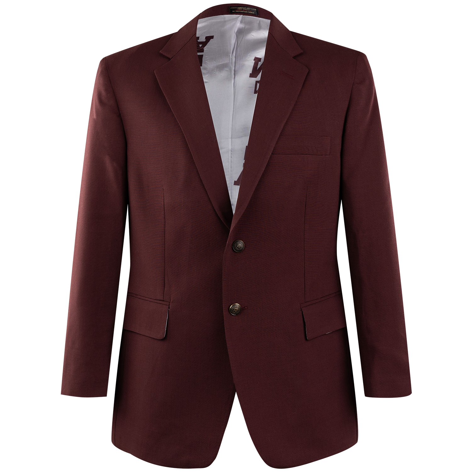 Maroon Texas A&M blazer with a notched lapel, two-button front closure, flap pockets, and a patterned Texas A&M interior lining.