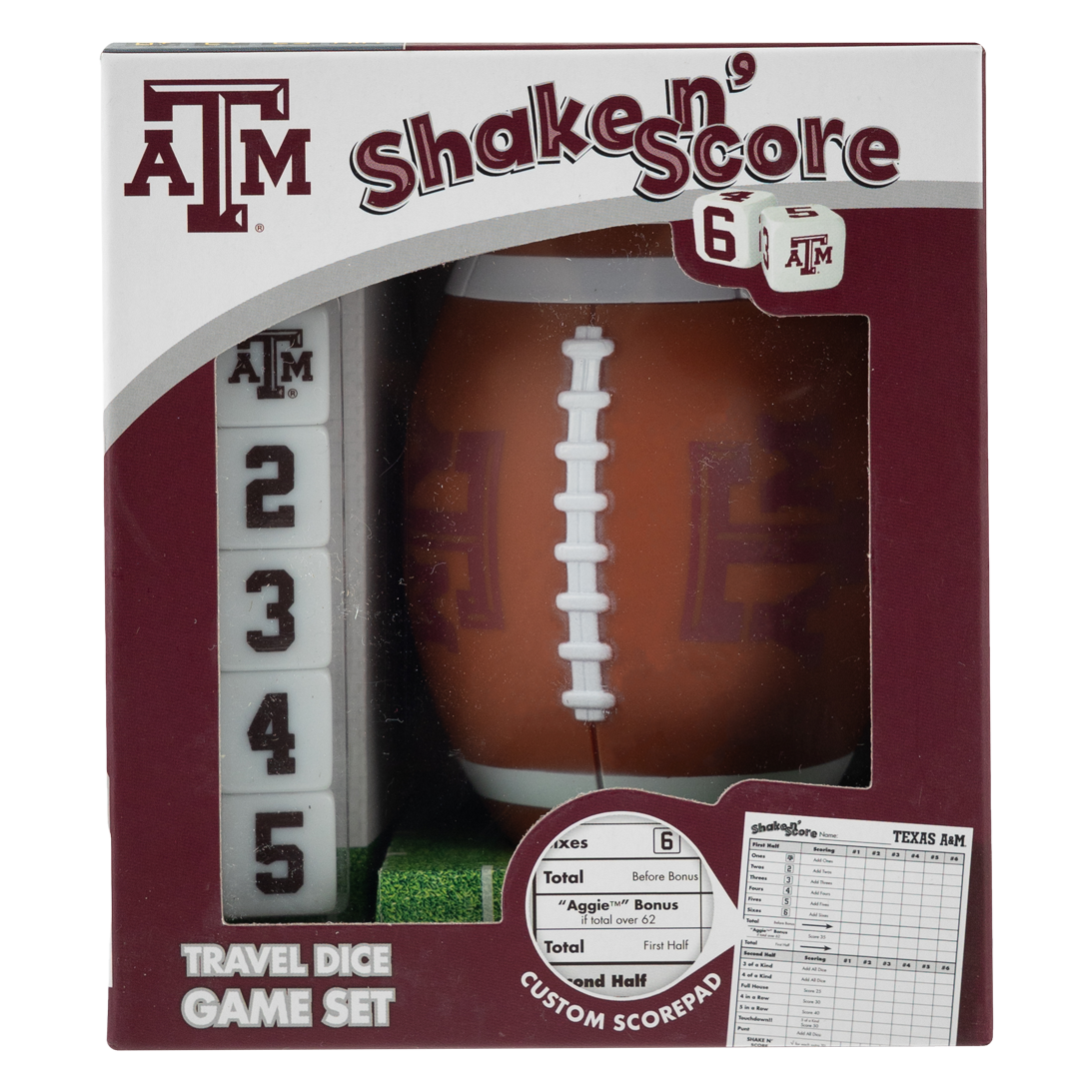 A travel dice game set. The dice are white with maroon letters. There is a customized a&m scorecard included. 