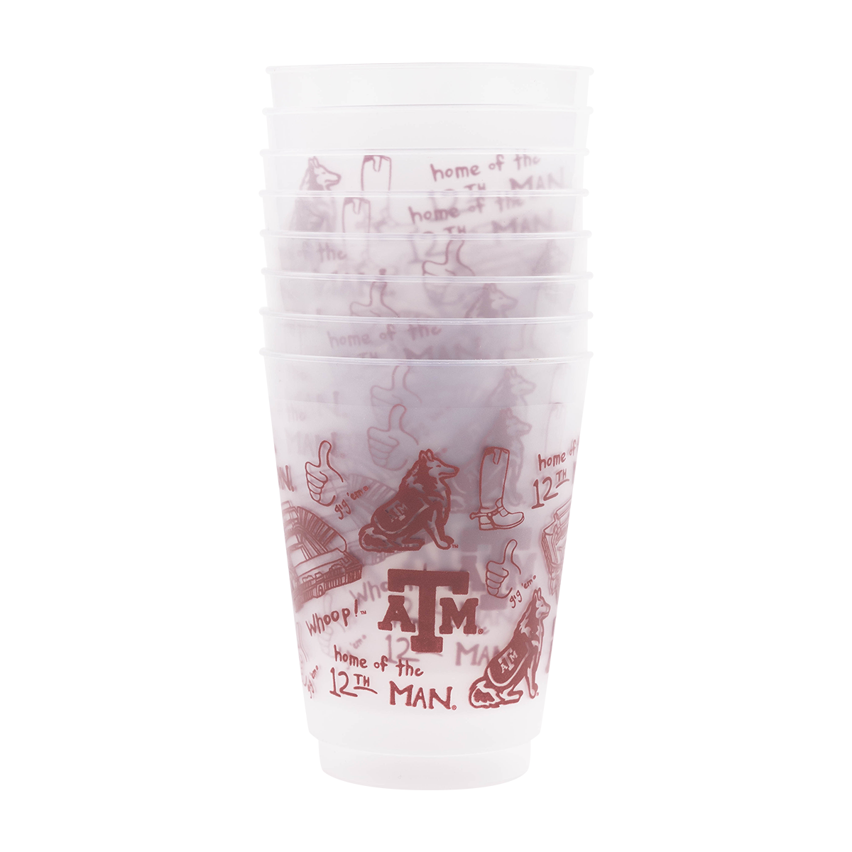 Clear cups with maroon Texas A&M designs all over the cups.
