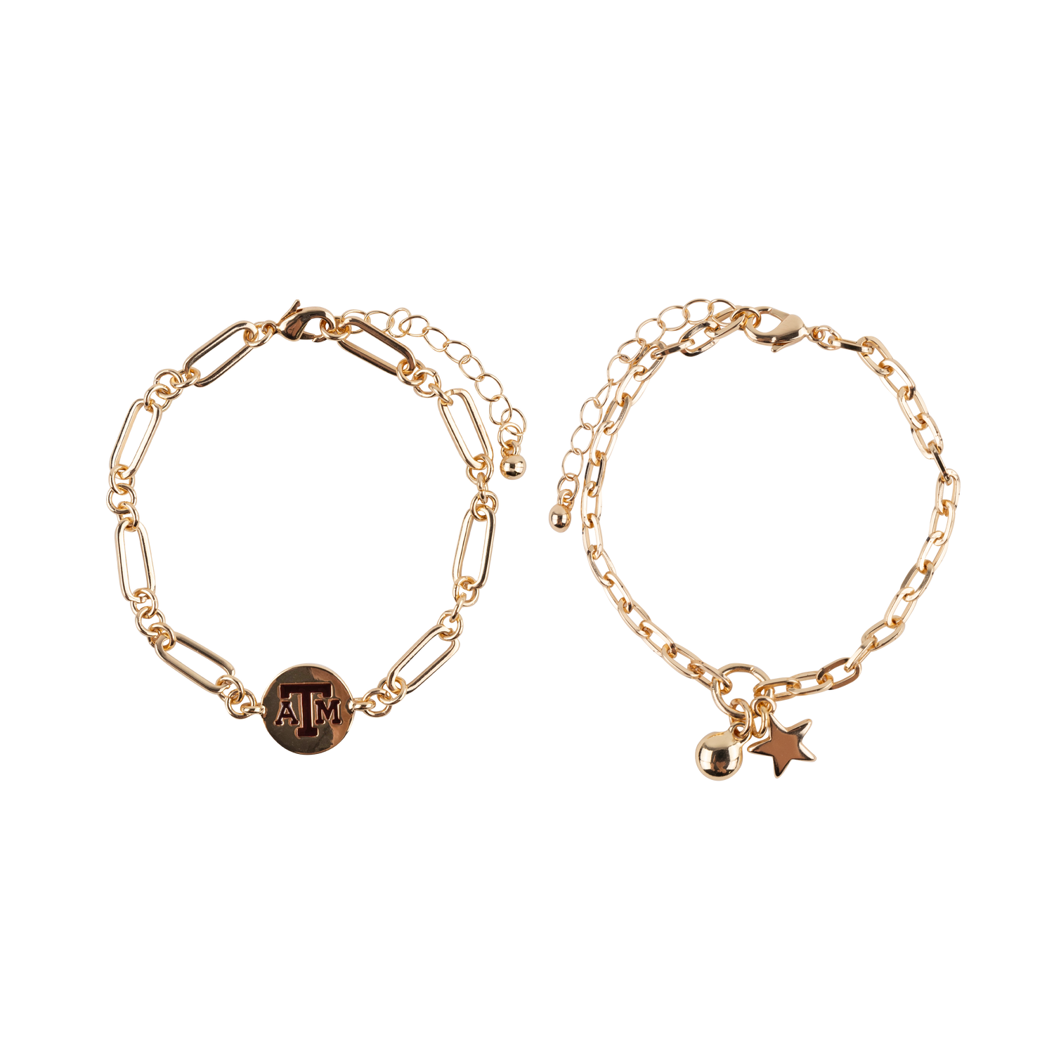 Gold paperclip bracelets with Texas A&M design and colors