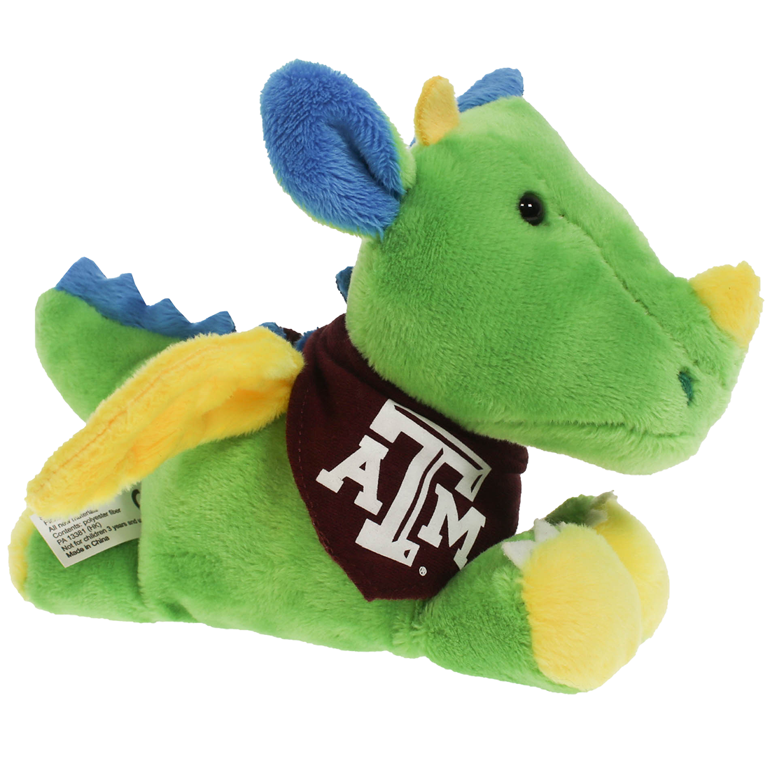 Green plush dragon toy with blue ears and tail, yellow feet and horns, wearing a dark red bandana with a white Texas A&M logo, on a white background.