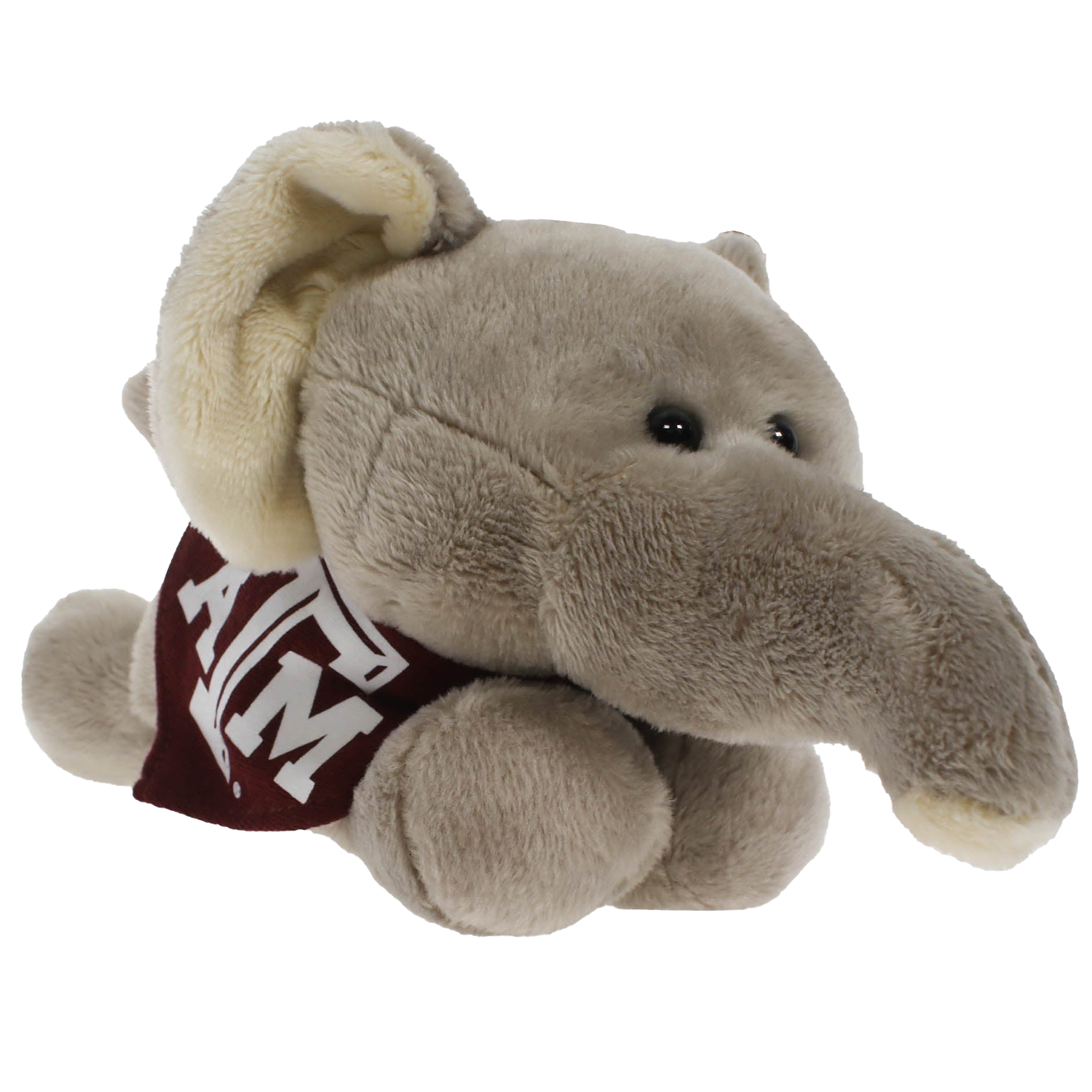 Grey stuffed elephant plush wearing maroon bandana with ATM design in white. 