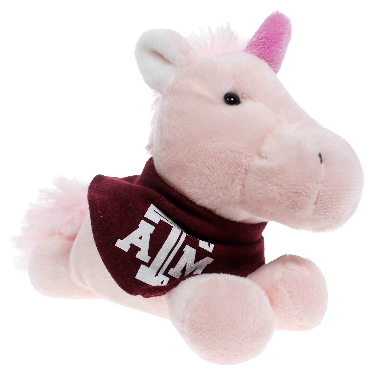 A pink plush unicorn toy wearing a dark maroon bandana with a white 'A&M' logo, set against a plain white background.