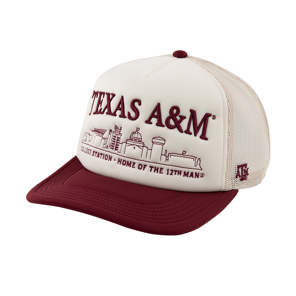 White and maroon cap with 'Texas A&M' text and the university skyline outline.
