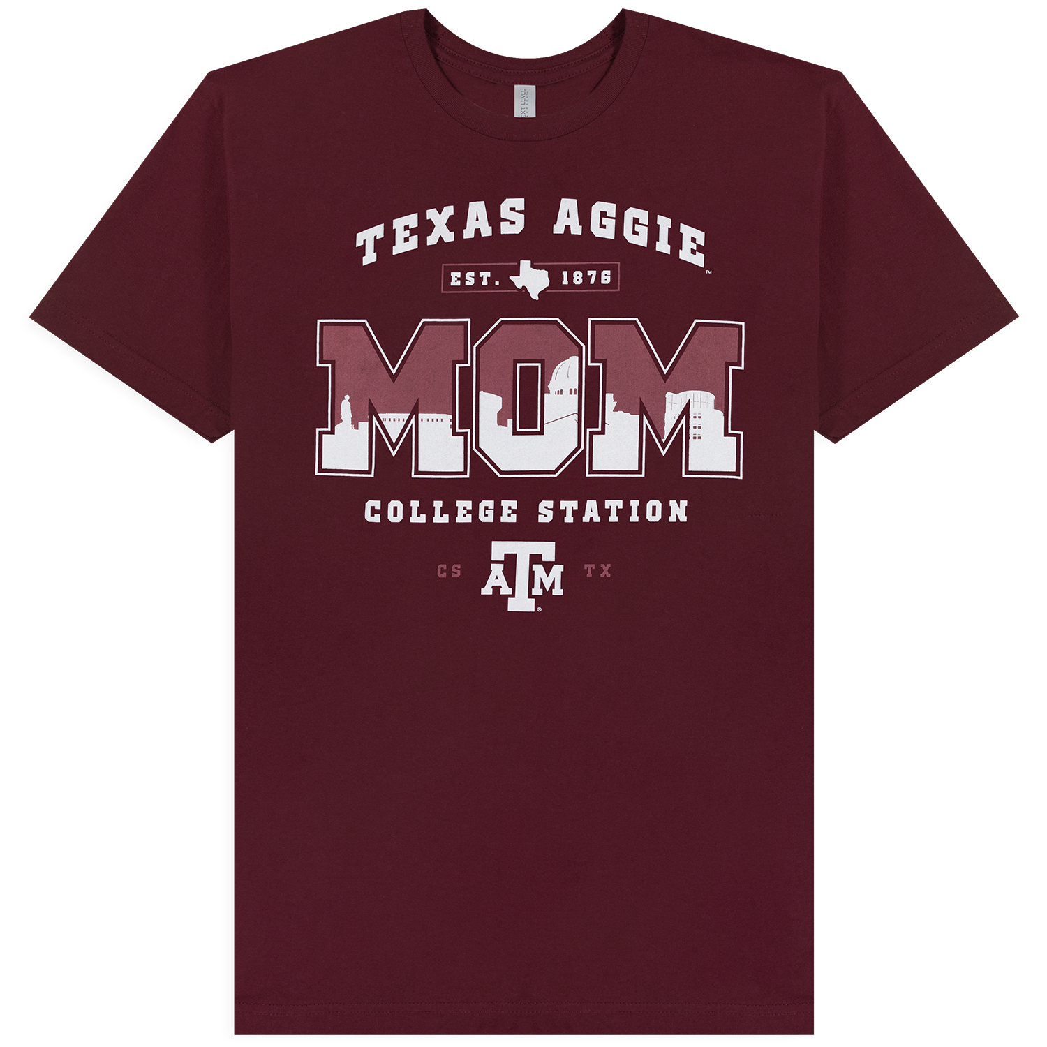 A maroon short-sleeve t-shirt featuring a collegiate graphic on the front.