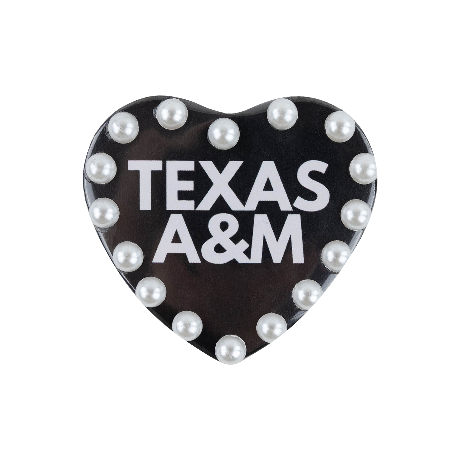 Black heart-shaped Texas A&M pin featuring bold white “TEXAS A&M” lettering and a border of white pearl embellishments.