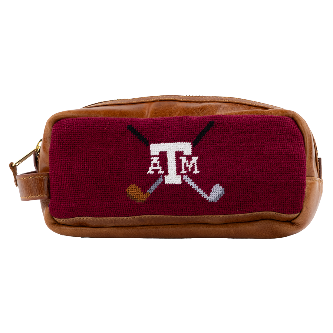 Brown Leather bag with Texas A&M logo embroidered in white onto a maroon background with 2 golf clubs crossing.