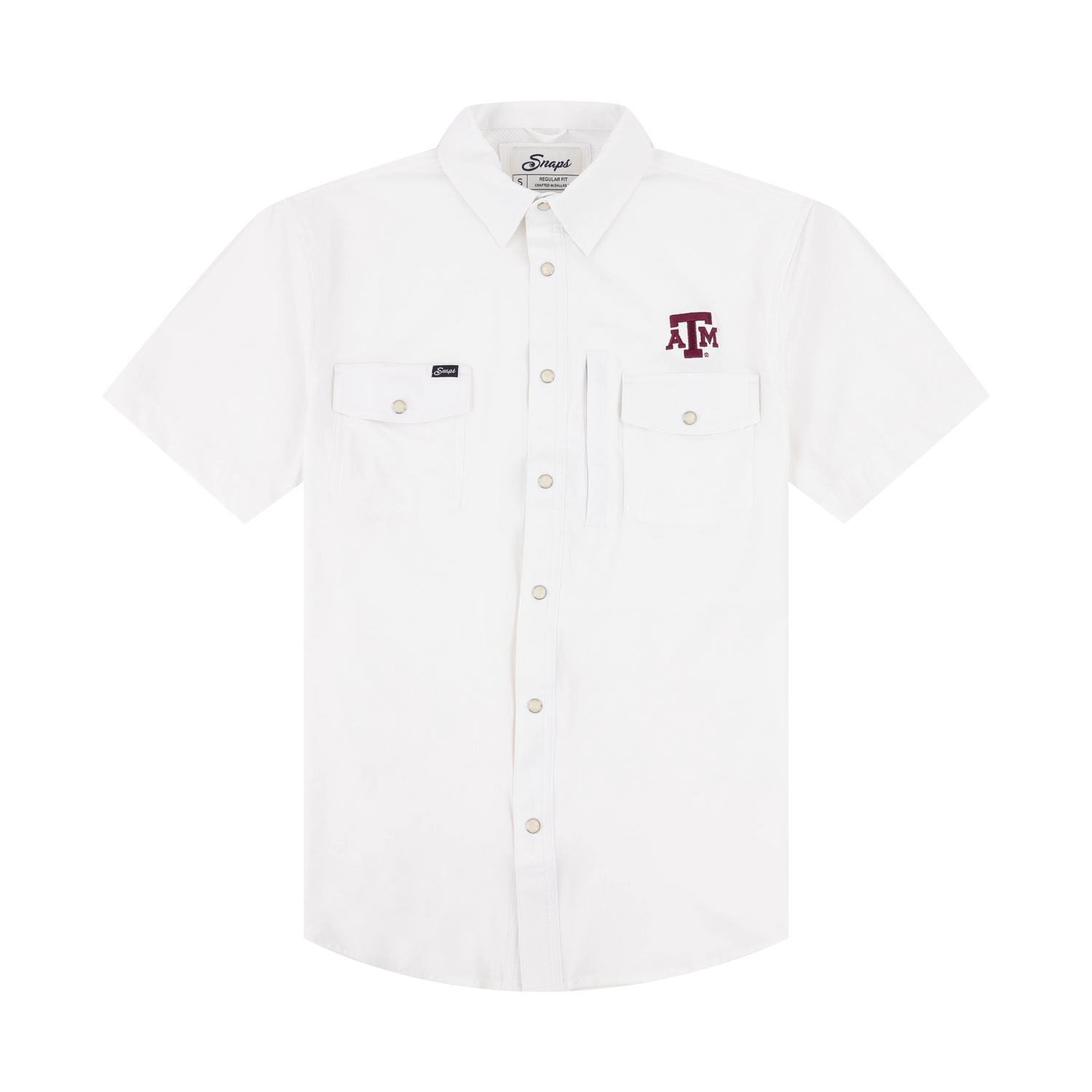White button down shirt with two pockets with maroon ATM logo on left side of chest