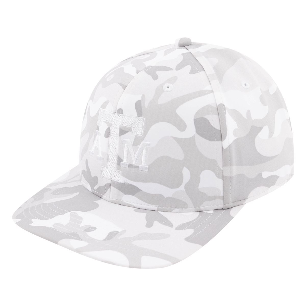 White camouflage baseball cap with the Texas A&M emblem on the front.